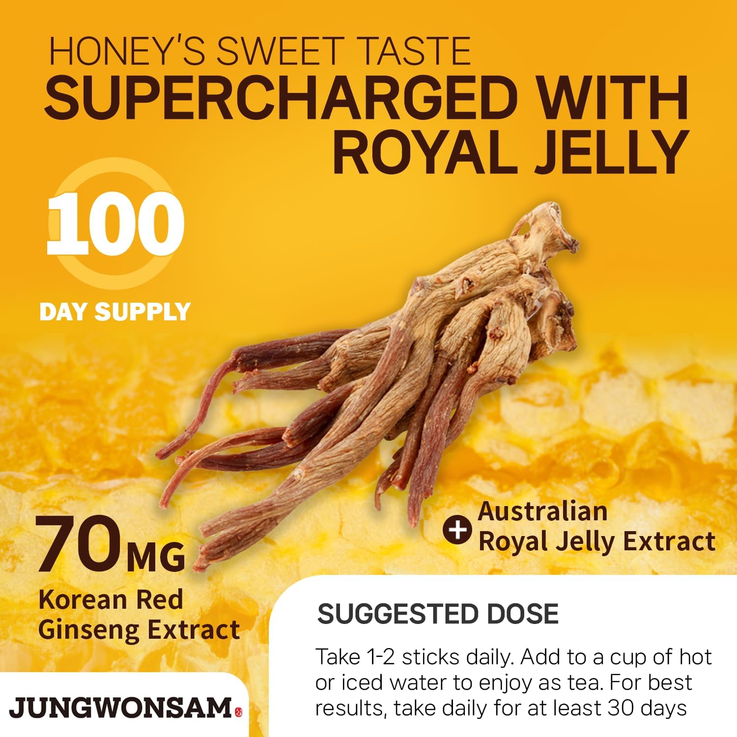 6-Year Korean Red Ginseng Extract & Royal Honey Sticks - 100 Pack | 70mg Ginseng, 15% Honey | Energy & Immune Support Supplement for Men & Women