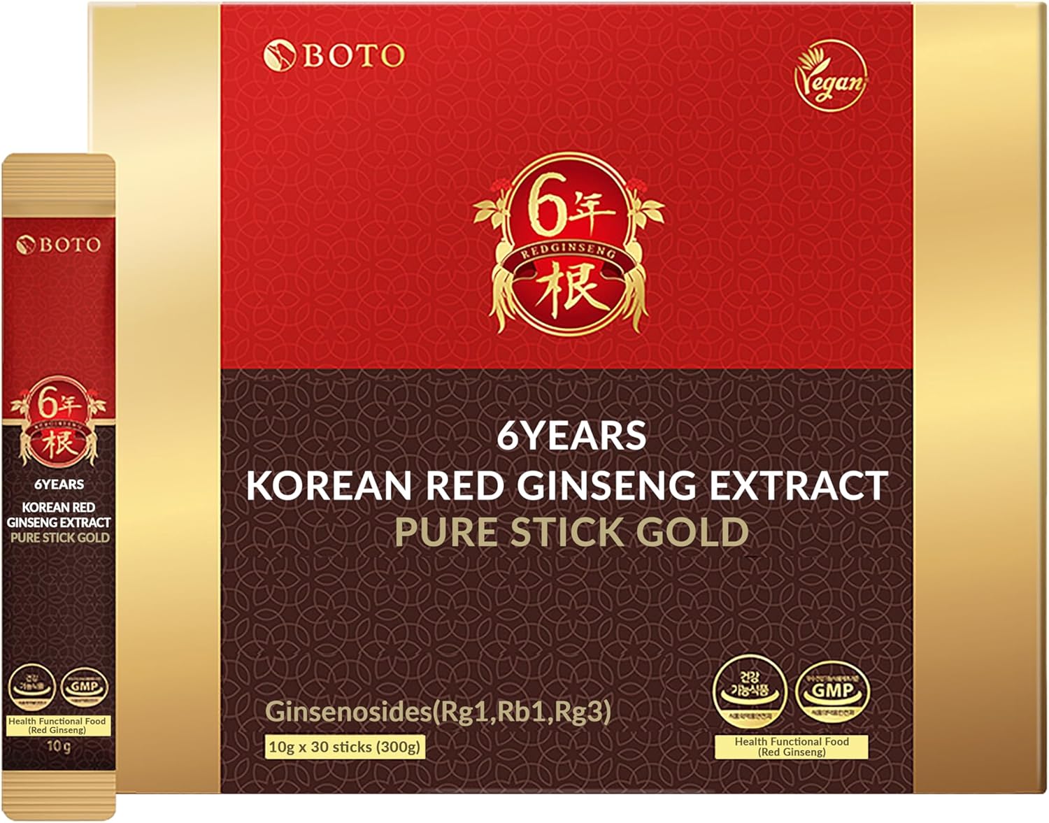 6-Year Korean Red Ginseng Gold Extract Energy Supplement with Nitric Oxide Brain Support - 30 Portable Liquid Sticks