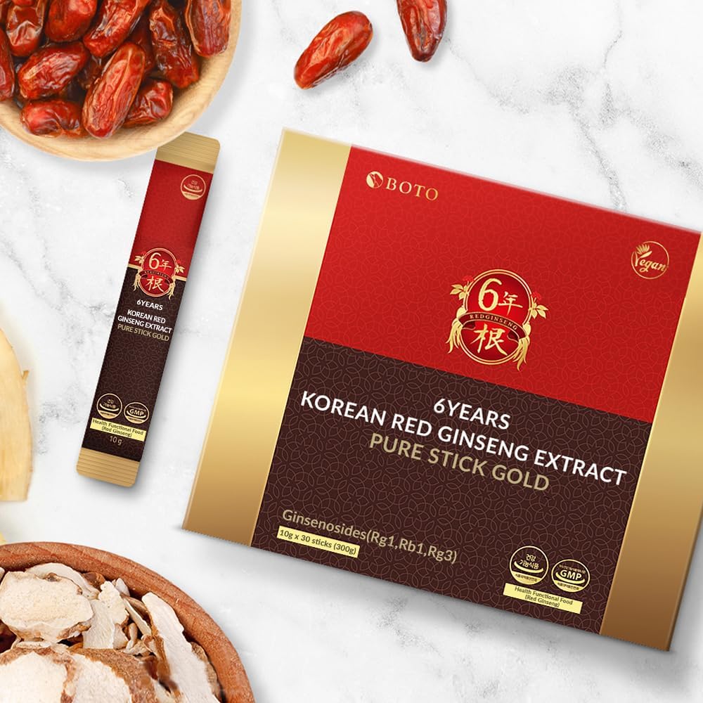 6-Year Korean Red Ginseng Gold Extract Energy Supplement with Nitric Oxide Brain Support - 30 Portable Liquid Sticks