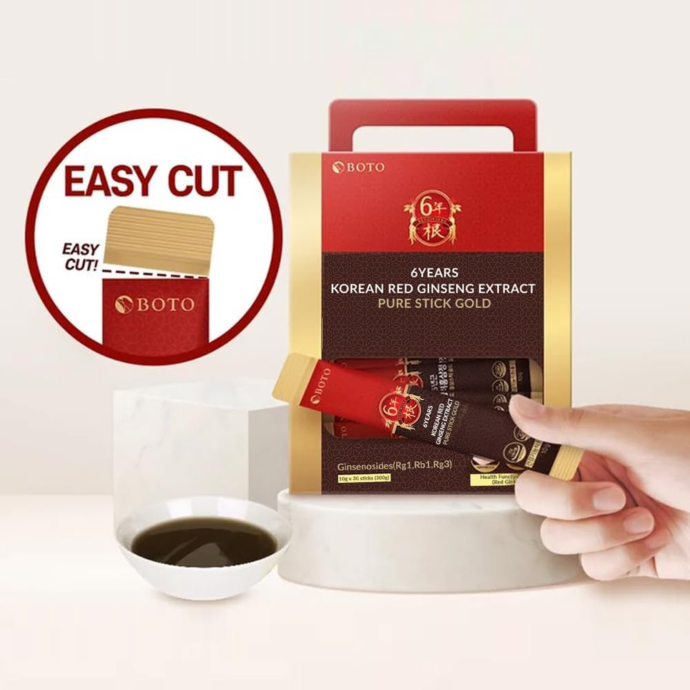 6-Year Korean Red Ginseng Gold Extract Energy Supplement with Nitric Oxide Brain Support - 30 Portable Liquid Sticks