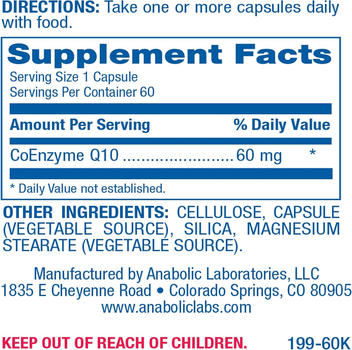60 Anabolic Laboratories CoQ10 Capsules - Coenzyme Q10 Supplements for Heart, Skin, Lung, Brain Health - 60mg for Fertility & Cellular Energy