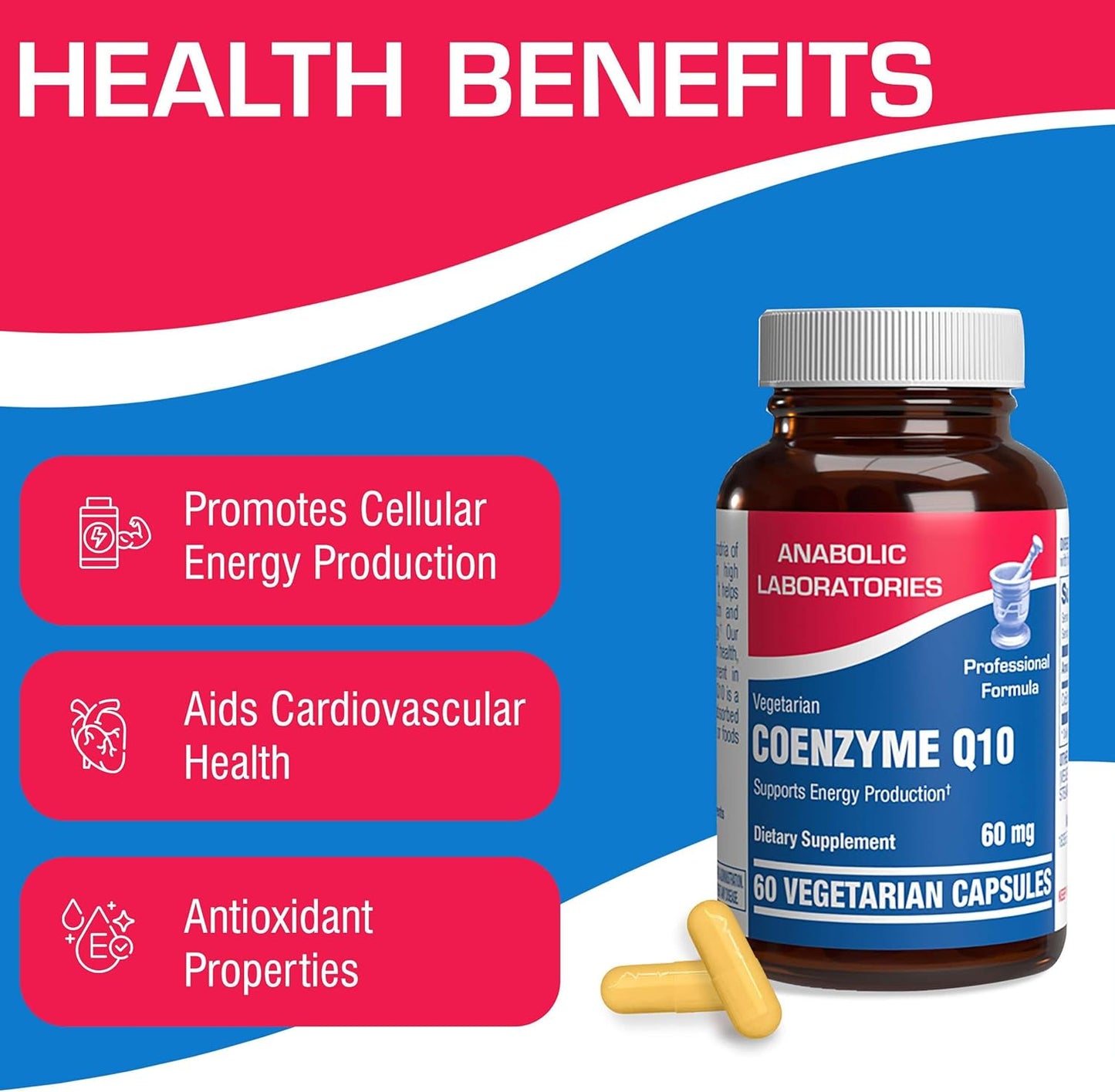 60 Anabolic Laboratories CoQ10 Capsules - Coenzyme Q10 Supplements for Heart, Skin, Lung, Brain Health - 60mg for Fertility & Cellular Energy