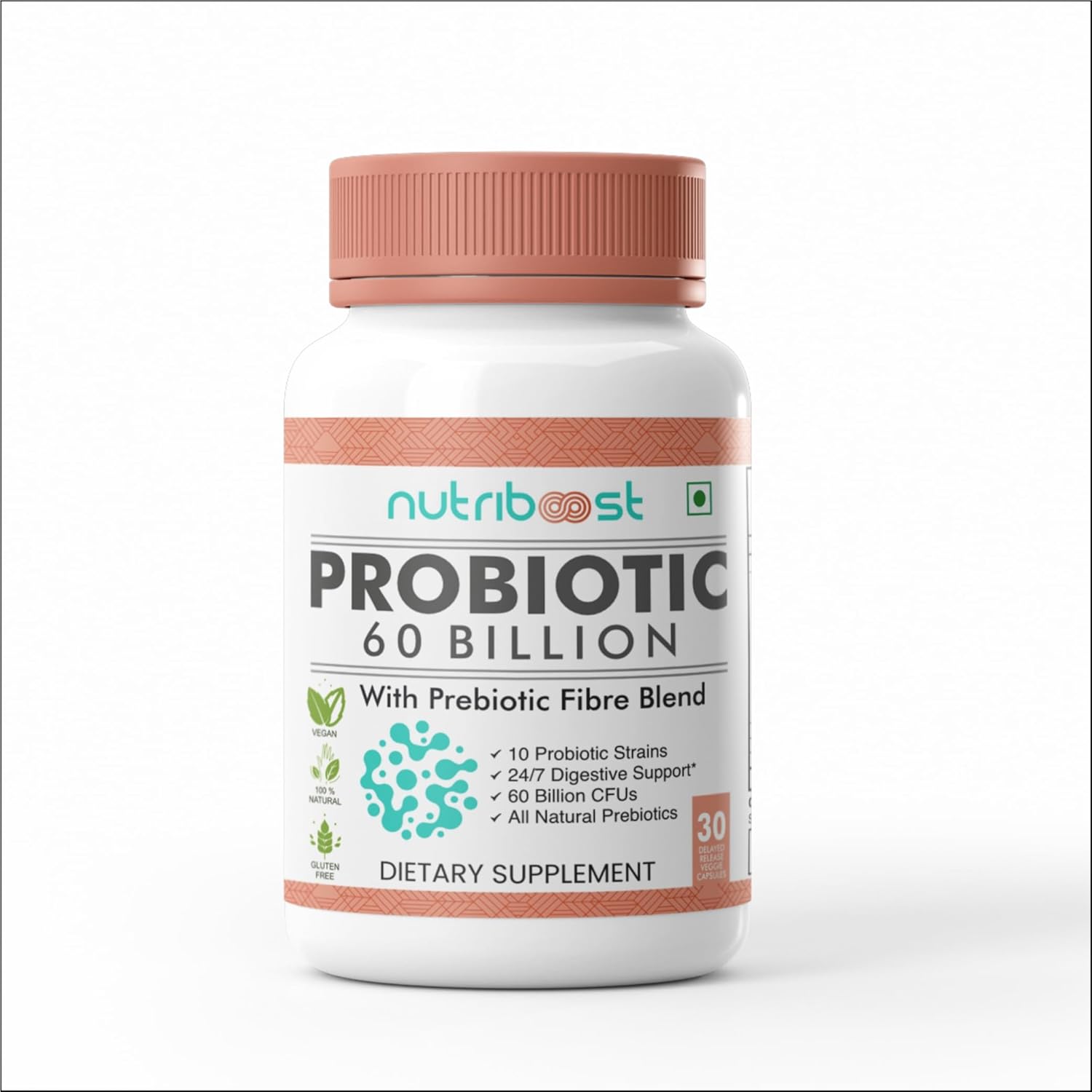 60 Billion CFU Probiotic Fiber Blend Capsules - 10 Strains for Digestion & Nutrition - Organic & Natural - 60 Servings