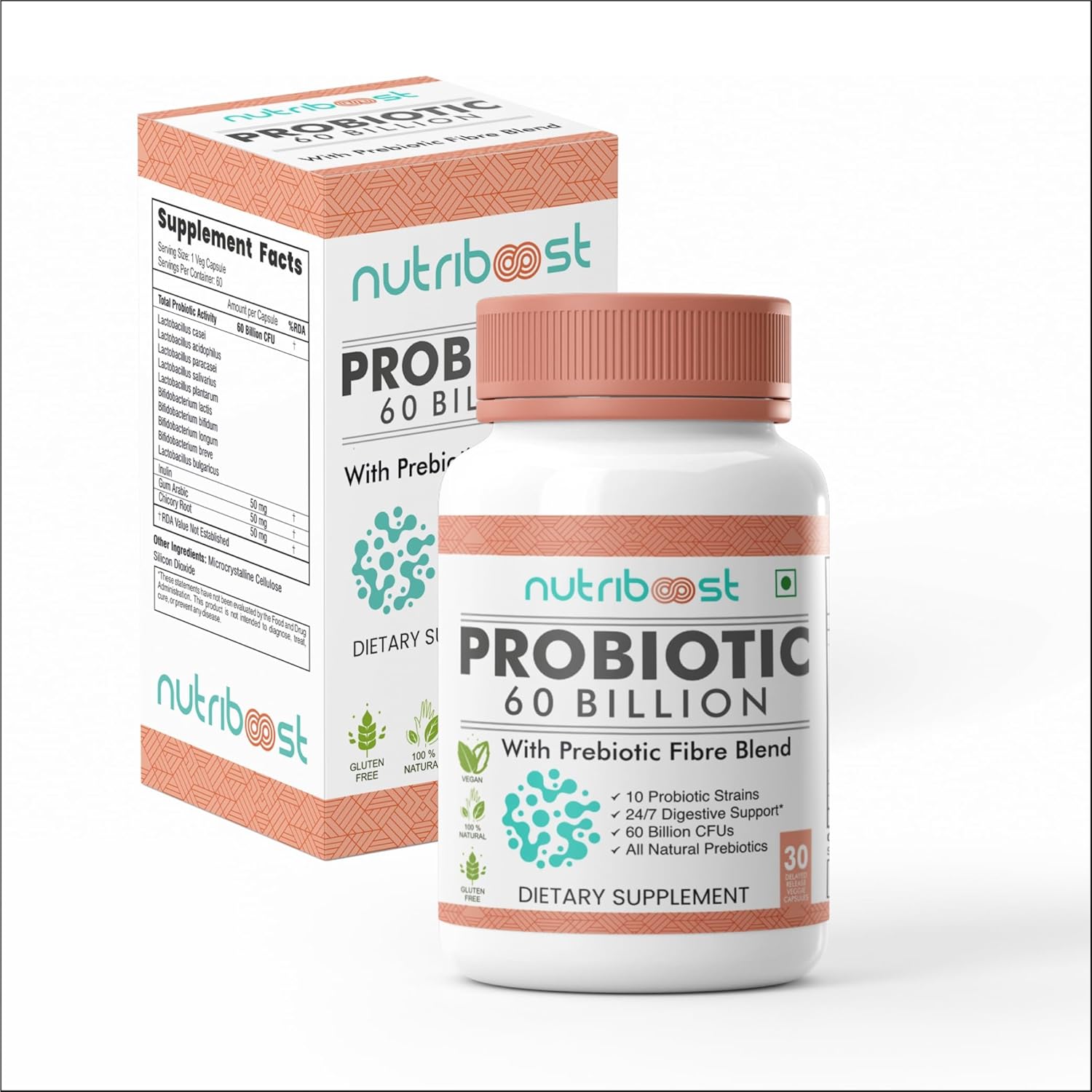 60 Billion CFU Probiotic Fiber Blend Capsules - 10 Strains for Digestion & Nutrition - Organic & Natural - 60 Servings