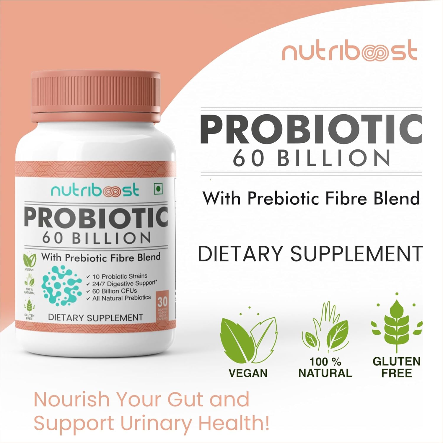60 Billion CFU Probiotic Fiber Blend Capsules - 10 Strains for Digestion & Nutrition - Organic & Natural - 60 Servings