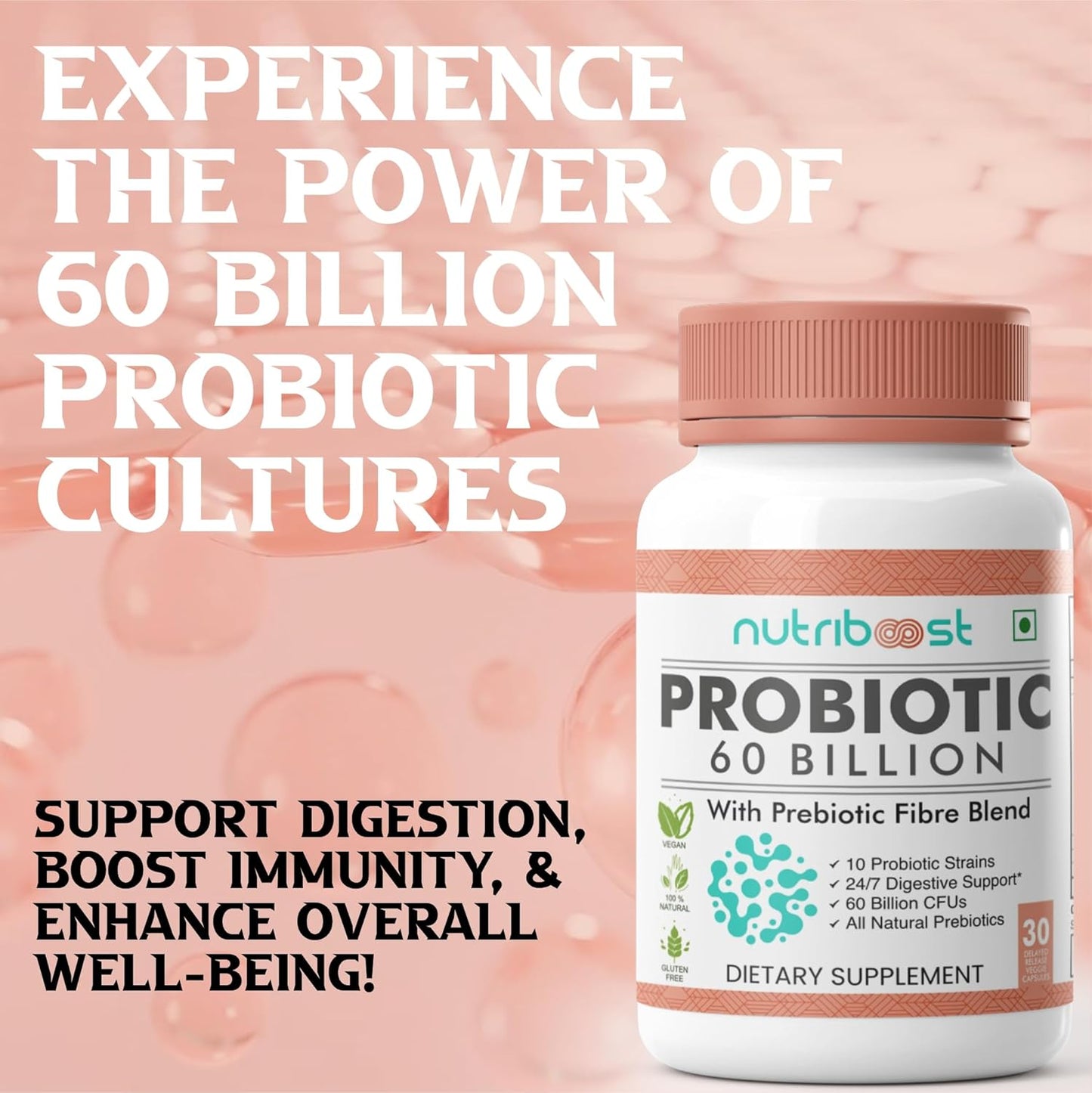 60 Billion CFU Probiotic Fiber Blend Capsules - 10 Strains for Digestion & Nutrition - Organic & Natural - 60 Servings