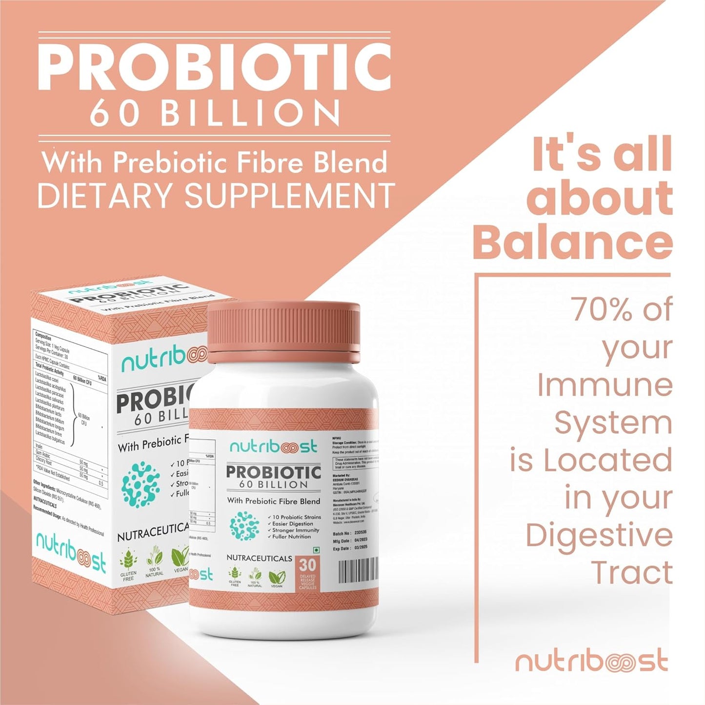 60 Billion CFU Probiotic Fiber Blend Capsules - 10 Strains for Digestion & Nutrition - Organic & Natural - 60 Servings