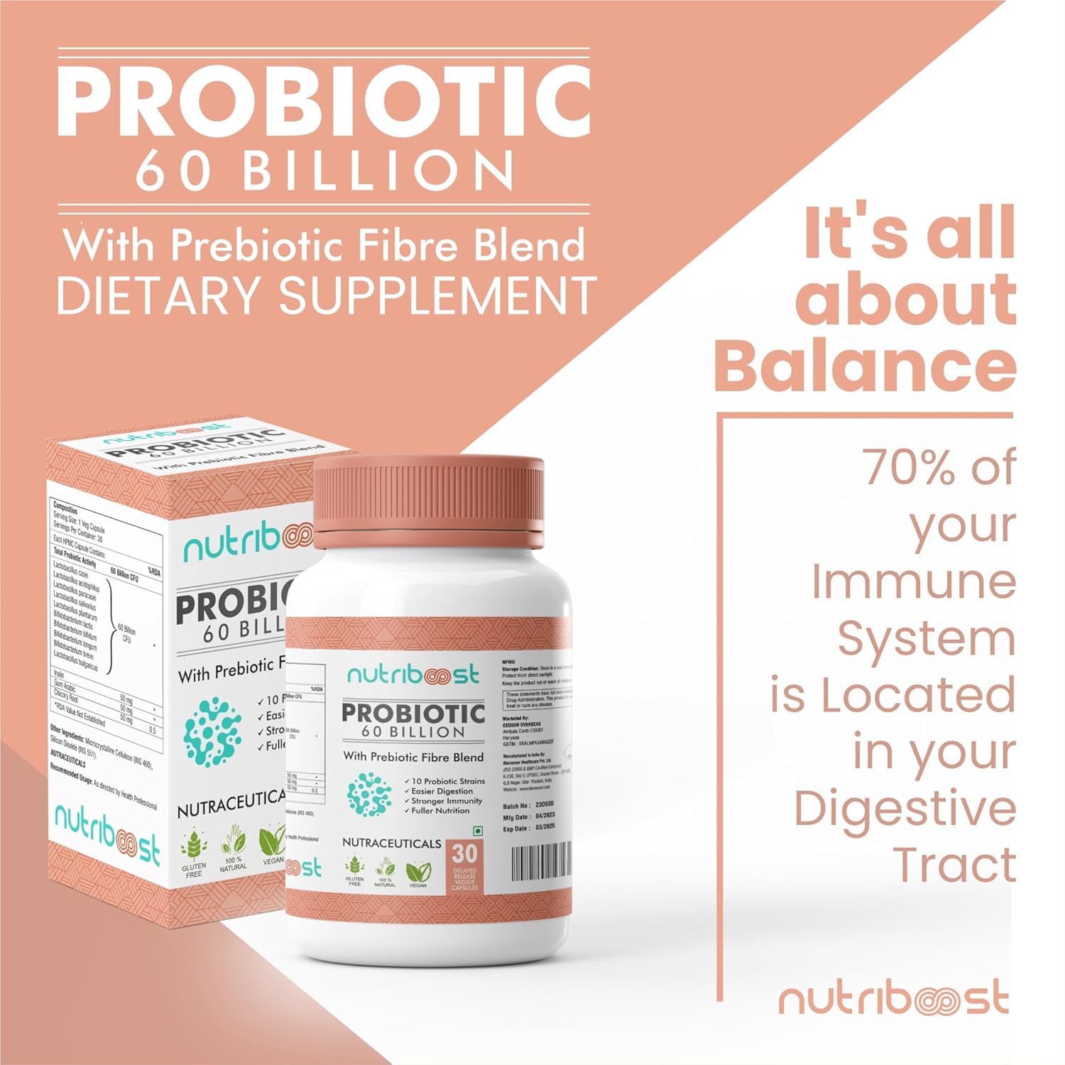 60 Billion CFU Probiotic Fiber Blend Capsules - 10 Strains for Digestion & Nutrition - Organic & Natural - 60 Servings