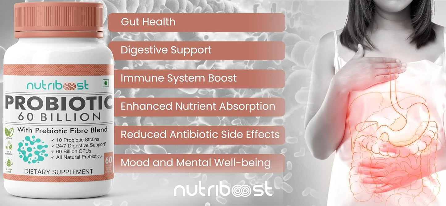 60 Billion CFU Probiotic Fiber Blend Capsules - 10 Strains for Digestion & Nutrition - Organic & Natural - 60 Servings
