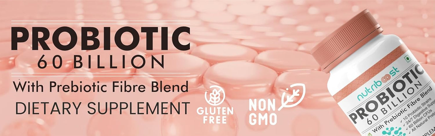 60 Billion CFU Probiotic Fiber Blend Capsules - 10 Strains for Digestion & Nutrition - Organic & Natural - 60 Servings