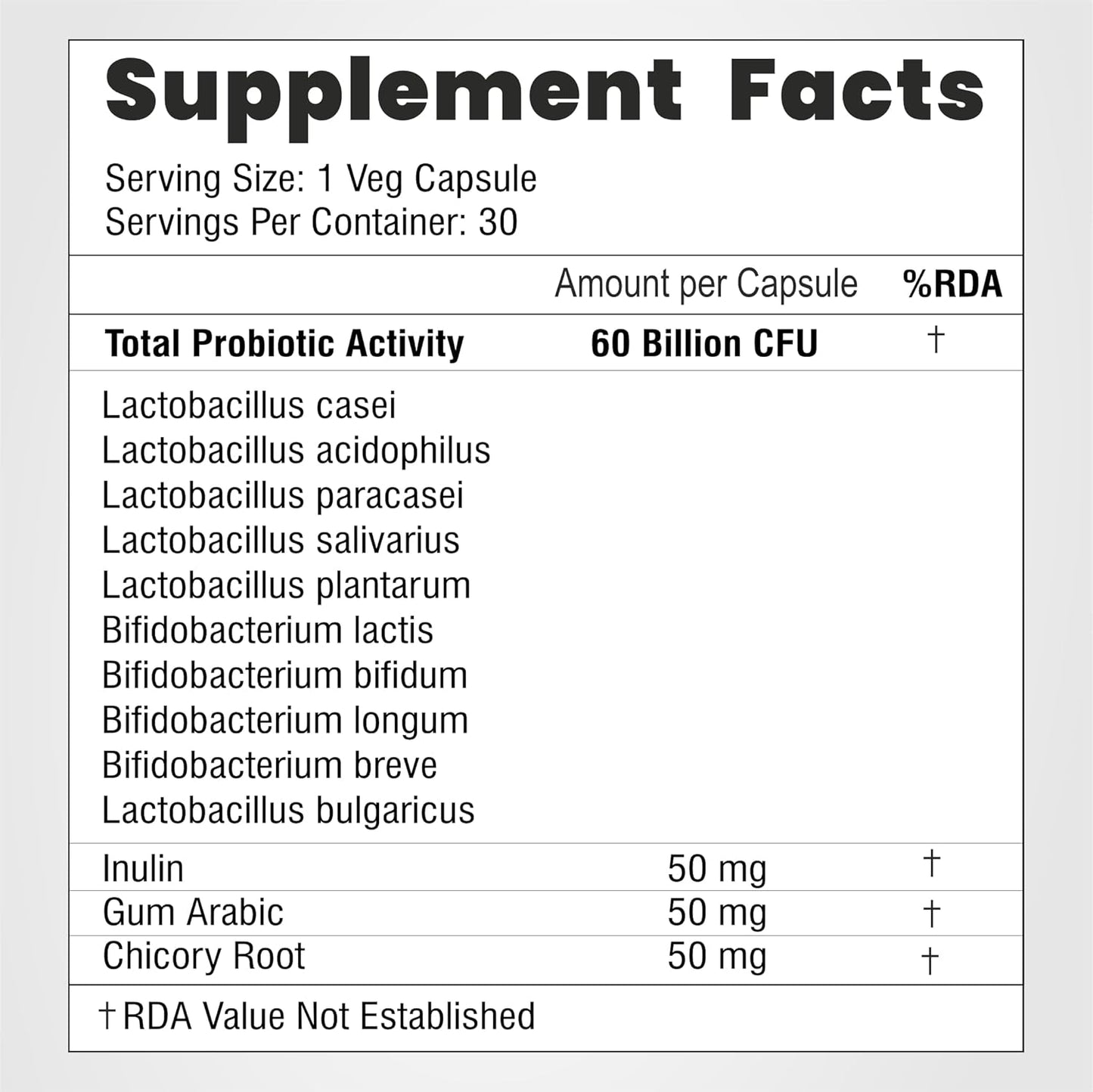 60 Billion CFU Probiotic Fiber Blend Capsules - 10 Strains for Digestion & Nutrition - Organic & Natural - 60 Servings