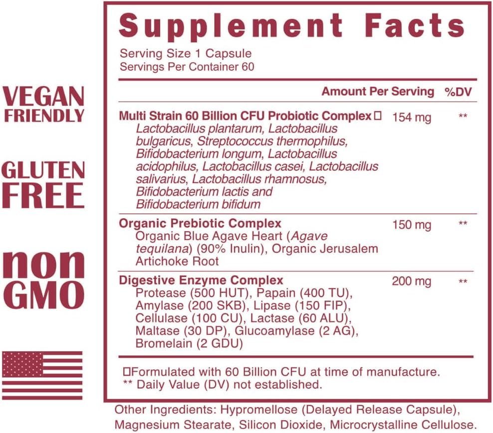 60 Billion CFU Probiotic & Prebiotic Supplement with Digestive Enzymes - 60 Day Supply