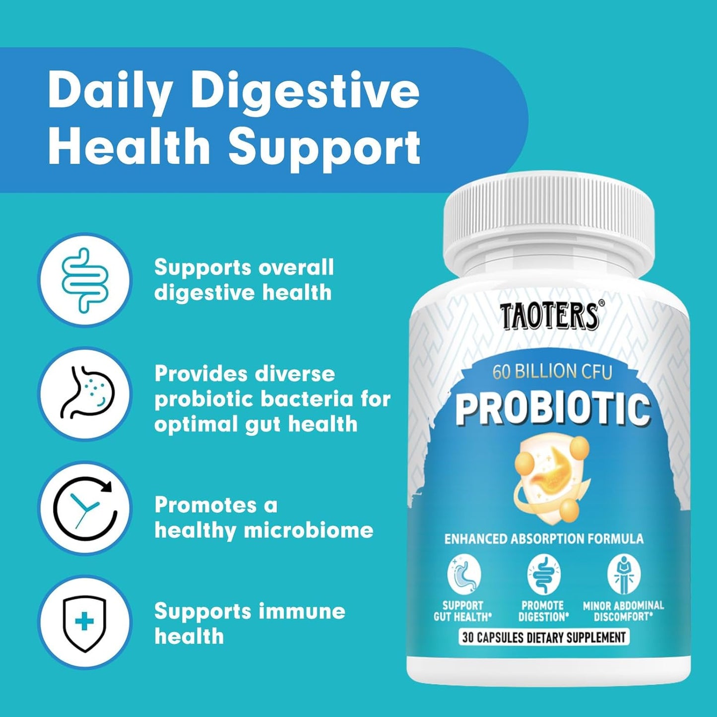 60 Billion CFU Probiotics with Prebiotics for Digestive Health - 10 Strains for Immune Support - pH Balance, Gas & Bloating Relief - 30 Capsules