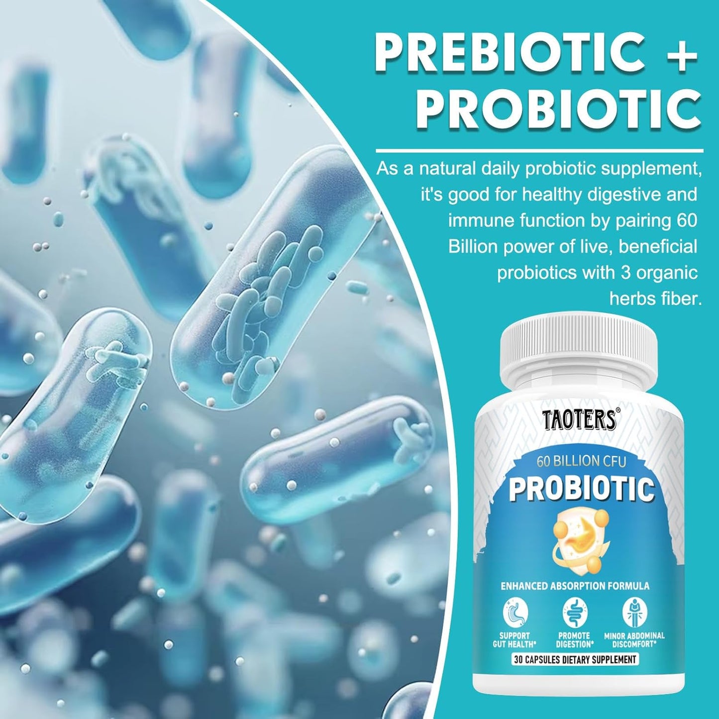 60 Billion CFU Probiotics with Prebiotics for Digestive Health - 10 Strains for Immune Support - pH Balance, Gas & Bloating Relief - 30 Capsules