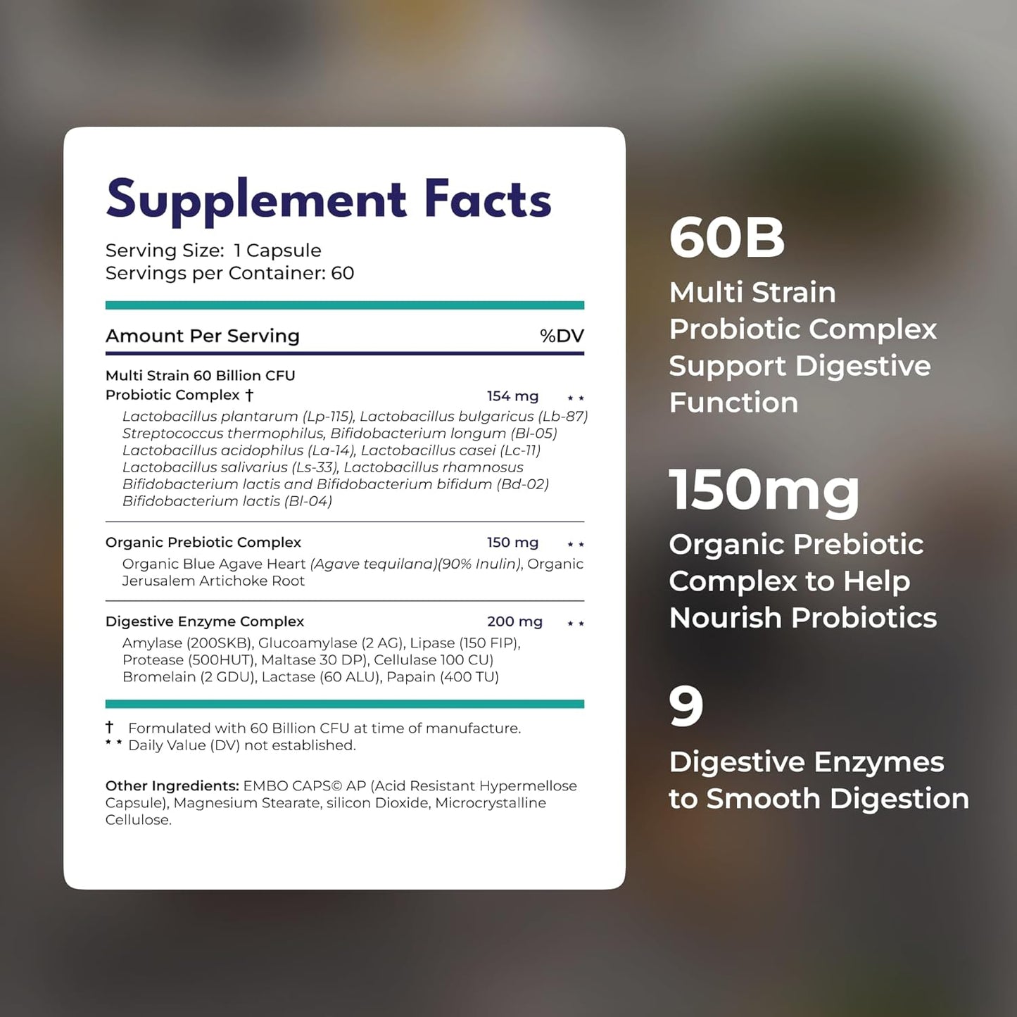 60 Billion Probiotic Supplement with Digestive Enzymes and Organic Prebiotics - Constipation Relief for Adults - Bowel Movement Support - Eases IBS - 30 Capsules