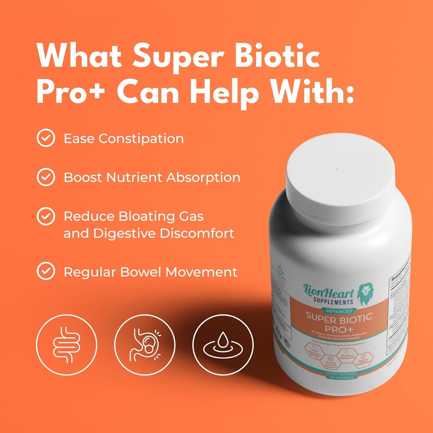 60 Billion Probiotic Supplement with Digestive Enzymes and Organic Prebiotics - Constipation Relief for Adults - Bowel Movement Support - Eases IBS - 30 Capsules