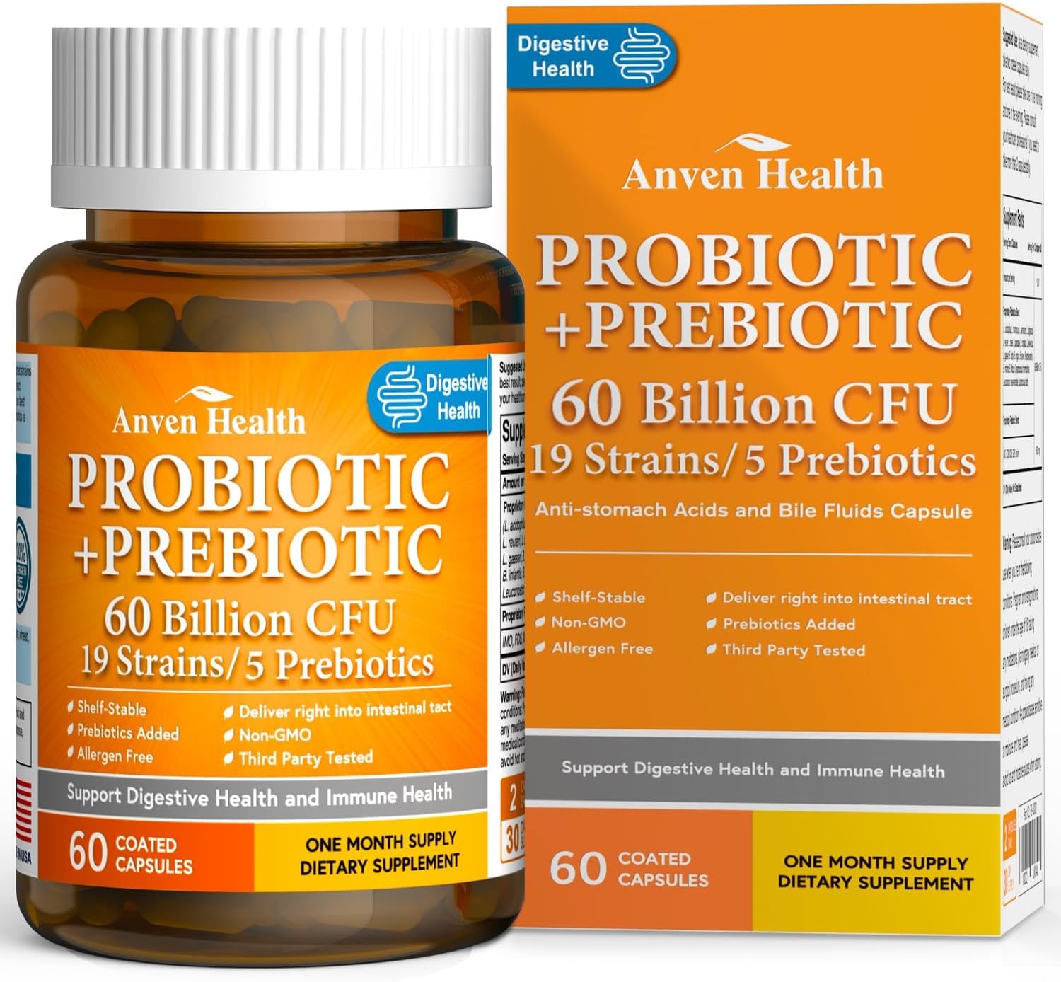 60 Billion Probiotics for Women and Men | 19 Strains, 5 Organic Prebiotics | Gut Digestive & Immune Health Support | Vegan Formula with 60 Capsules | Anven Health