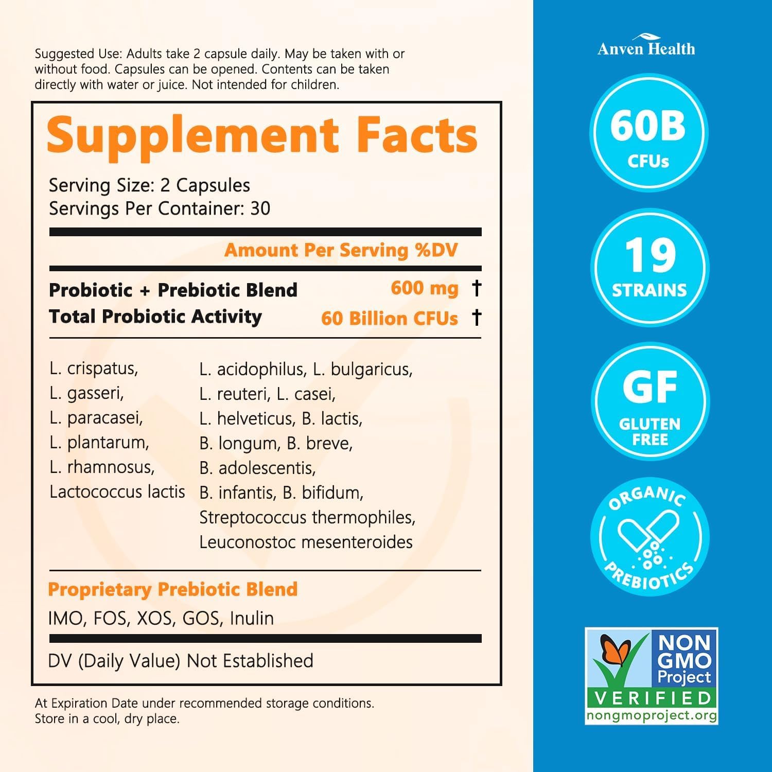 60 Billion Probiotics for Women and Men | 19 Strains, 5 Organic Prebiotics | Gut Digestive & Immune Health Support | Vegan Formula with 60 Capsules | Anven Health