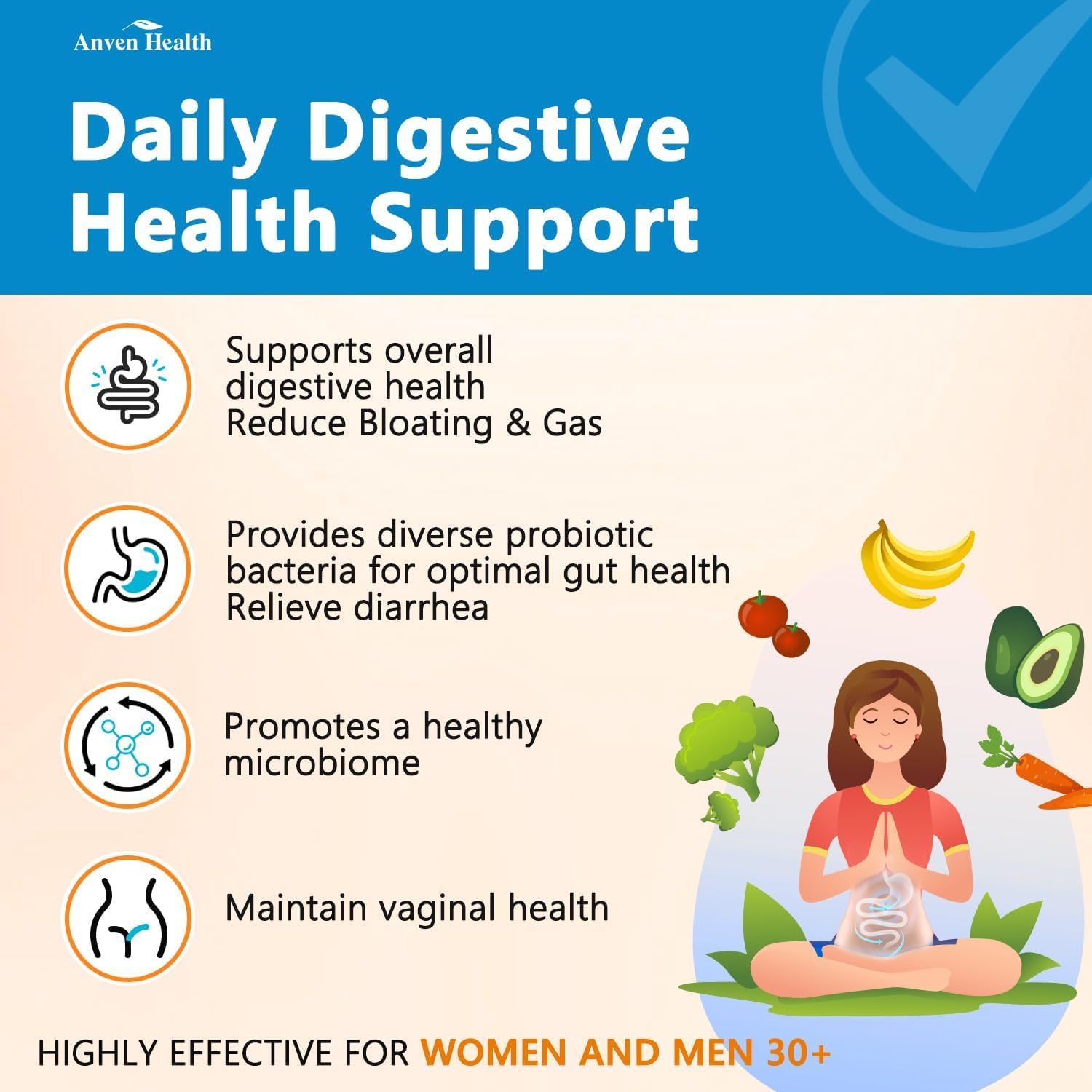 60 Billion Probiotics for Women and Men | 19 Strains, 5 Organic Prebiotics | Gut Digestive & Immune Health Support | Vegan Formula with 60 Capsules | Anven Health