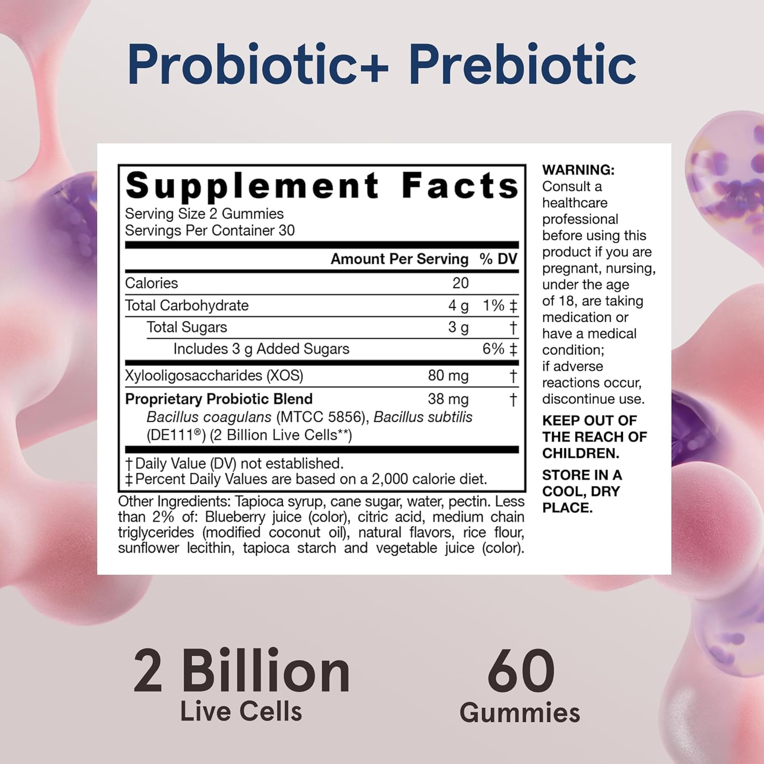 60 BlackBerry Flavor Probiotic+ Prebiotic Gummies for Digestive Health & Immune Support - 2 Billion Live Cells - 30 Day Supply