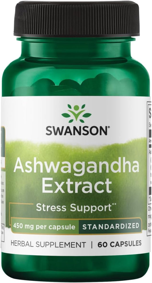60-Capsule Swanson Ashwagandha Extract - Ayurvedic Supplement for Stress Response, Energy, and Nervous System Health - 450mg per Capsule