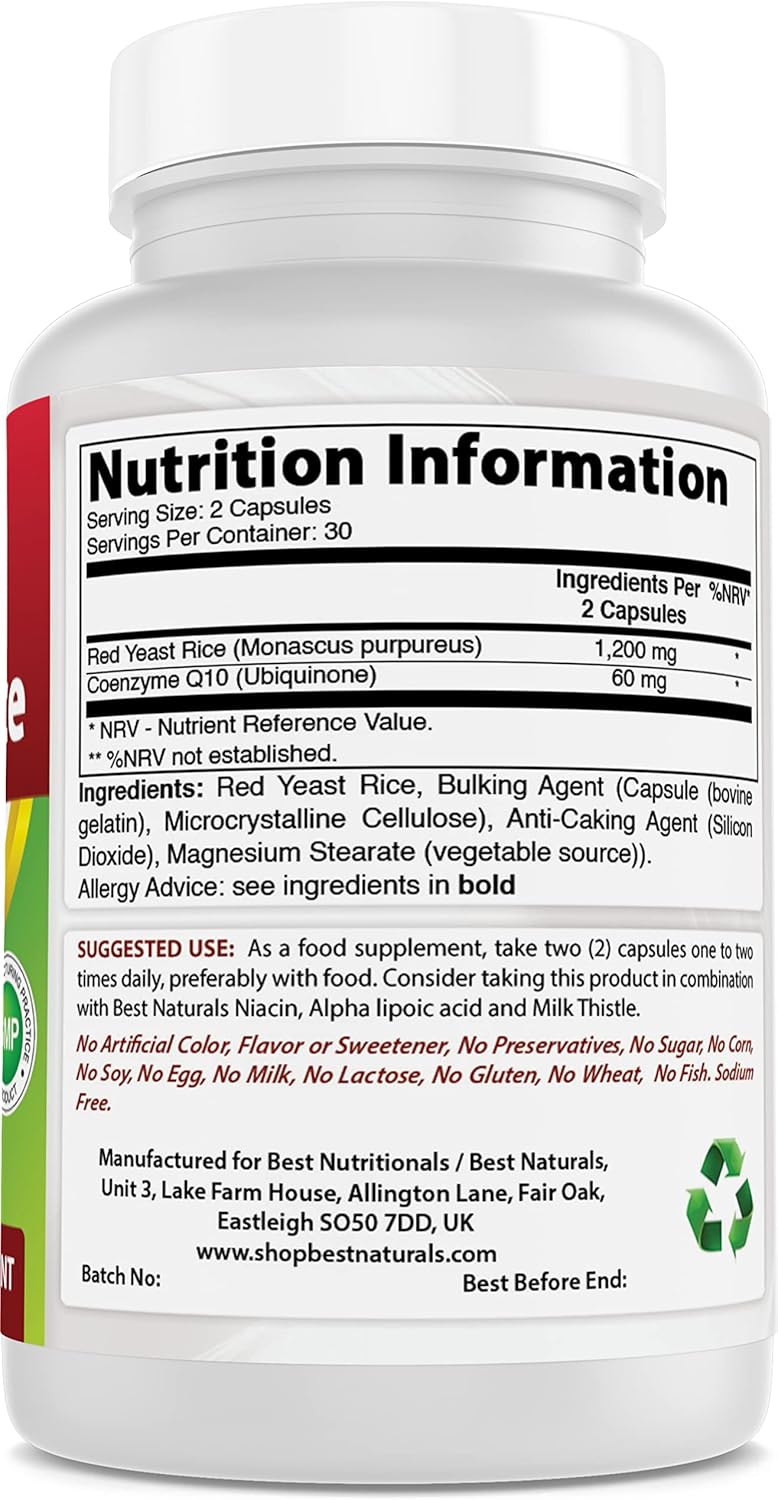 60 Capsules Best Naturals Red Yeast Rice with COQ10 - 600 mg Red Yeast Rice & 30 mg CoQ10 Supplement