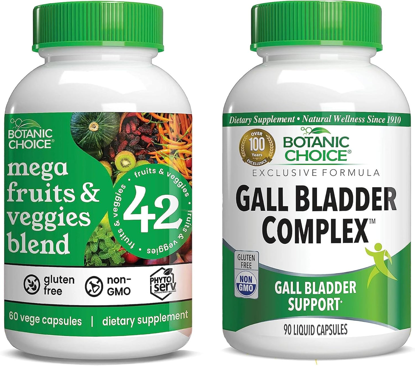 60 Capsules Botanic Choice Mega Fruits and Veggies Blend + 90 Capsules Gall Bladder Complex Bundle for Energy Balance, Superfood Supplement, and Healthy Digestive Function