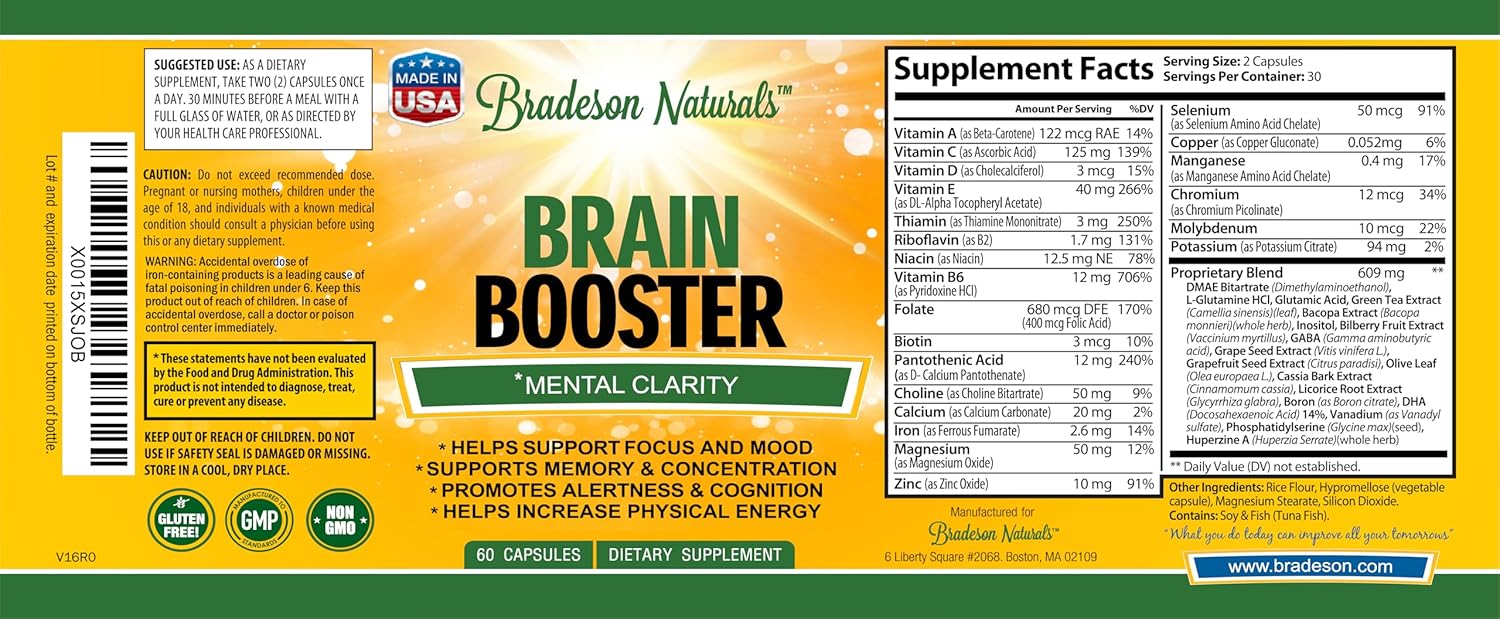 60 Capsules Bradeson Naturals Brain Booster Supplement - Nootropics for Focus, Memory, Clarity, Energy - Unlock Full Potential - USA Made