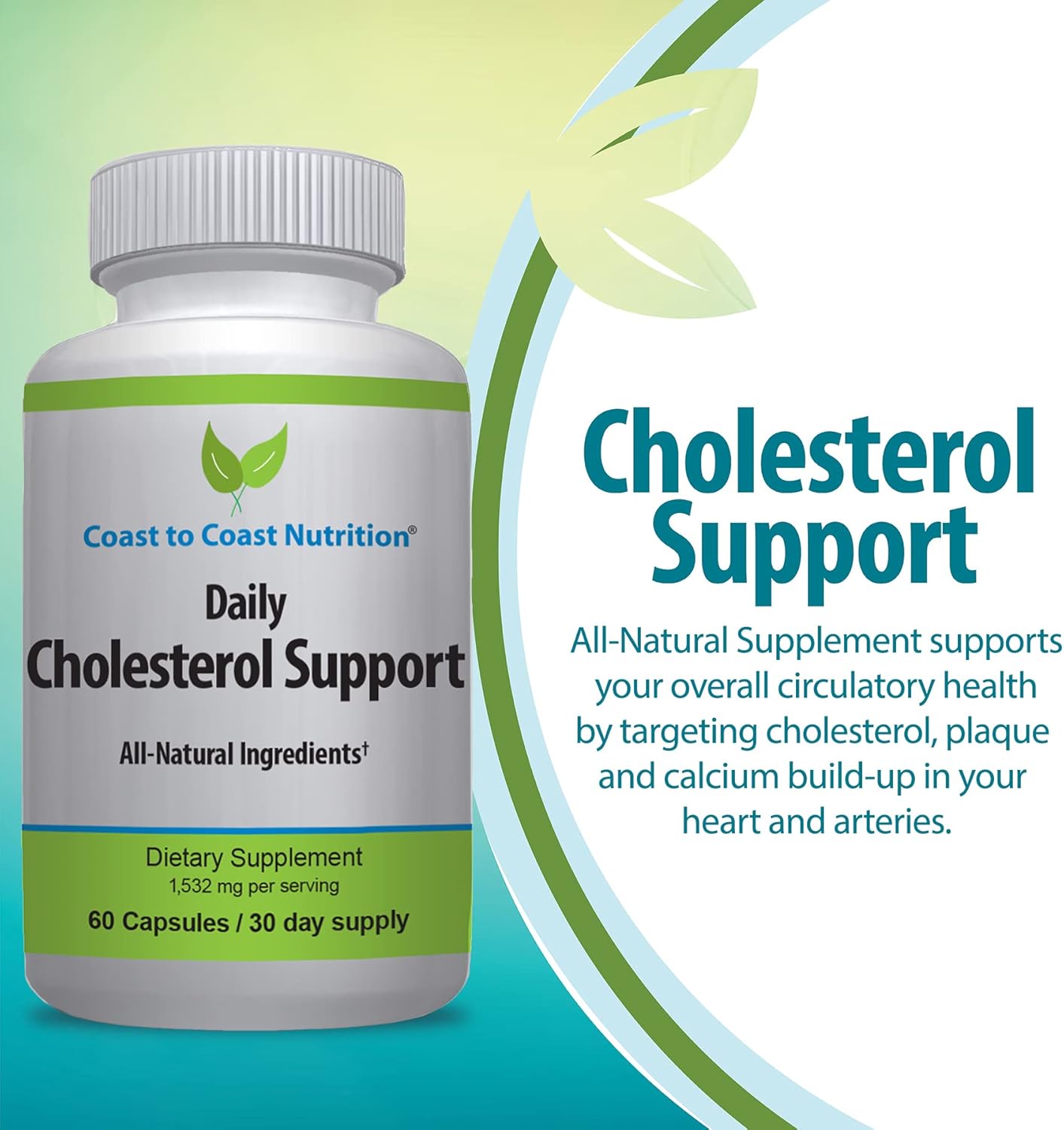 60 Capsules Coast to Coast Nutrition Cholesterol Support Supplement for Cardiovascular Health & Blood Flow