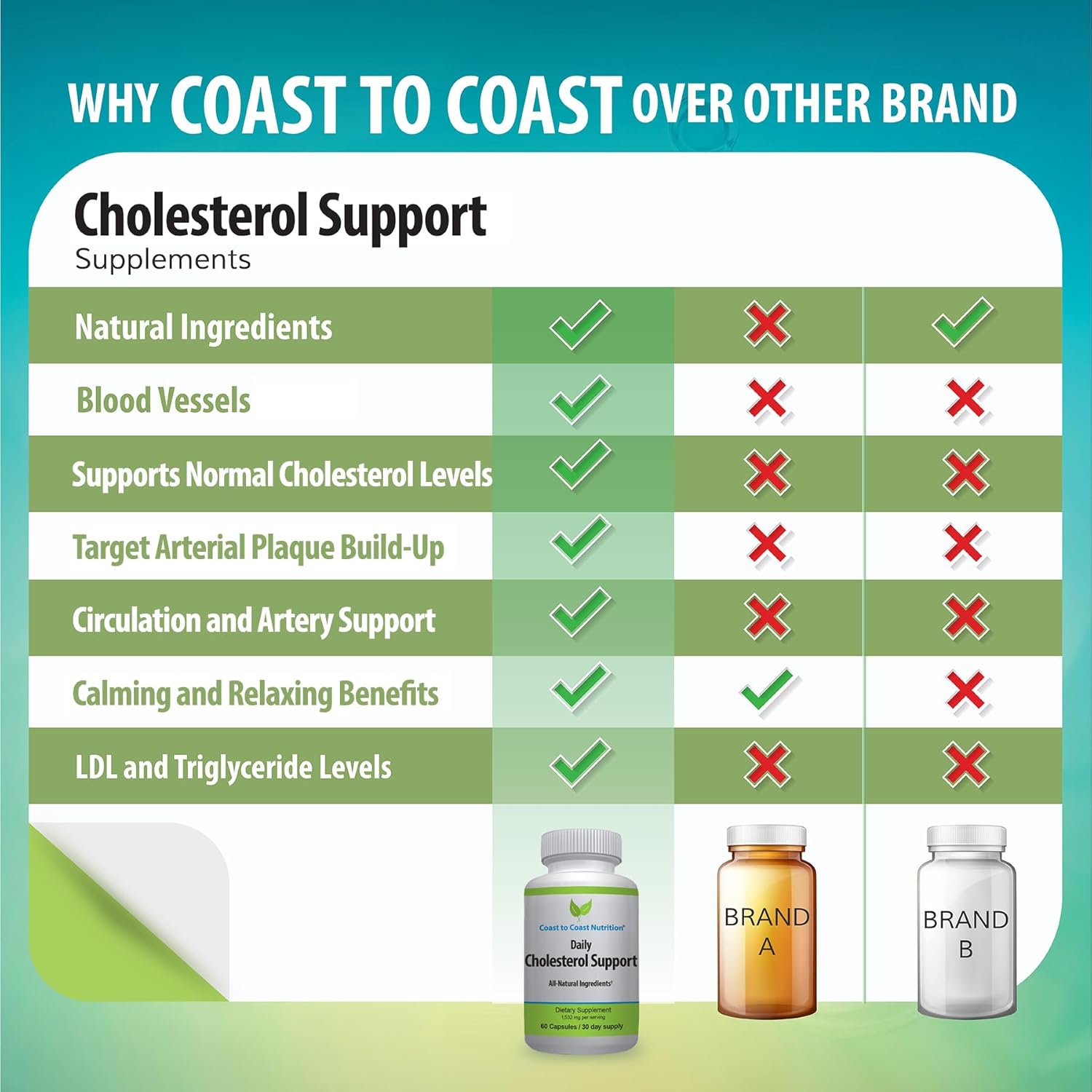 60 Capsules Coast to Coast Nutrition Cholesterol Support Supplement for Cardiovascular Health & Blood Flow