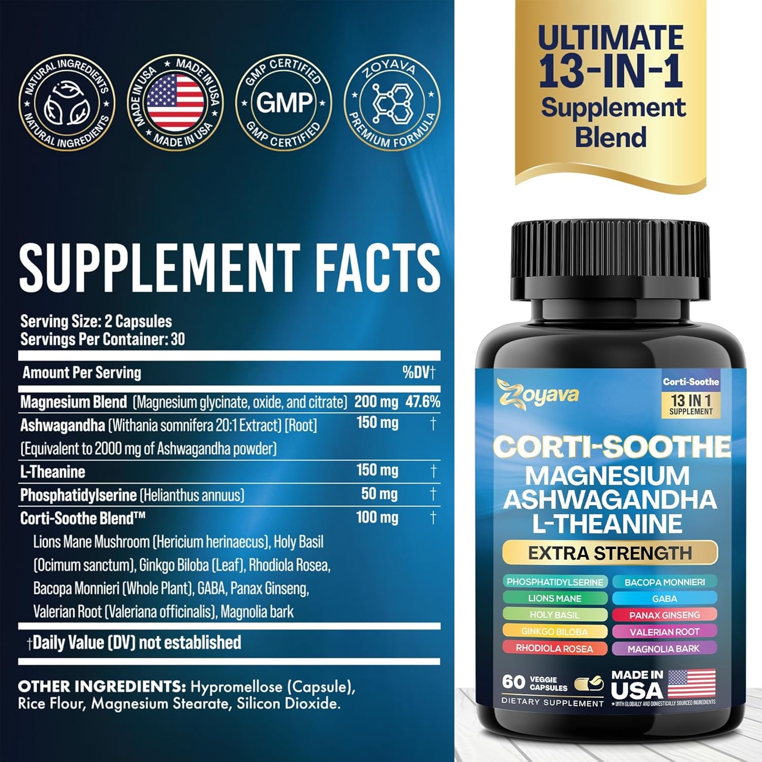 60 Capsules Corti-Soothe Cortisol Support Supplement with Magnesium Glycinate, Ashwagandha, L-Theanine, Lions Mane, Valerian Root for Stress Relief & Relaxation
