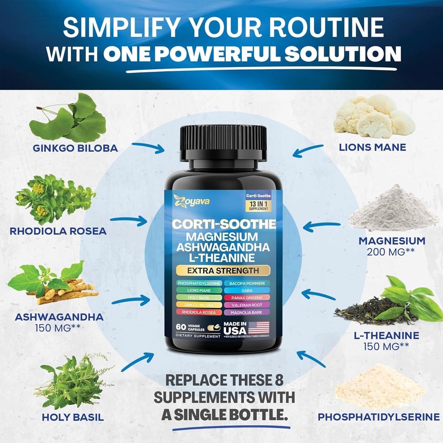 60 Capsules Corti-Soothe Cortisol Support Supplement with Magnesium Glycinate, Ashwagandha, L-Theanine, Lions Mane, Valerian Root for Stress Relief & Relaxation