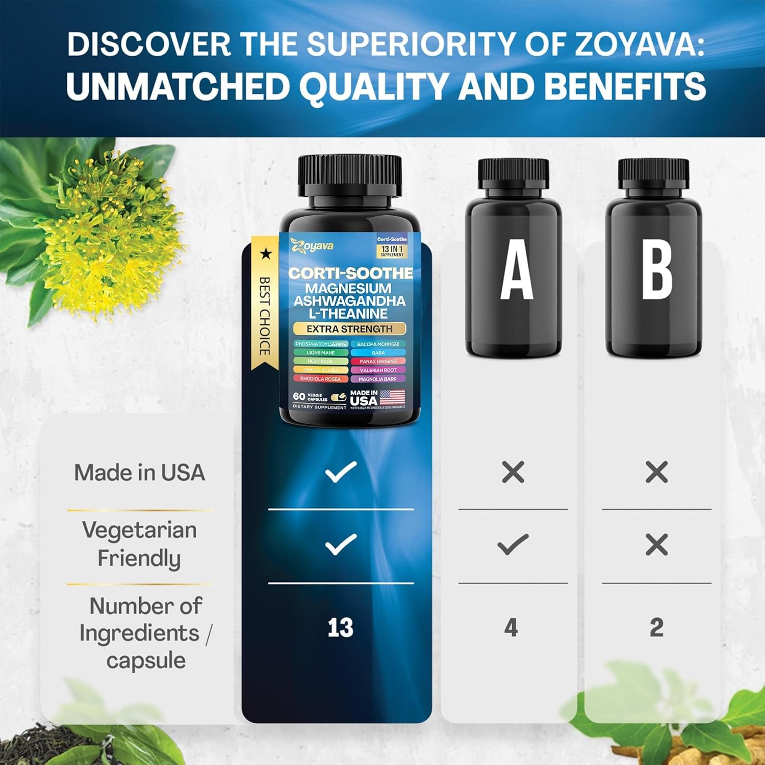 60 Capsules Corti-Soothe Cortisol Support Supplement with Magnesium Glycinate, Ashwagandha, L-Theanine, Lions Mane, Valerian Root for Stress Relief & Relaxation