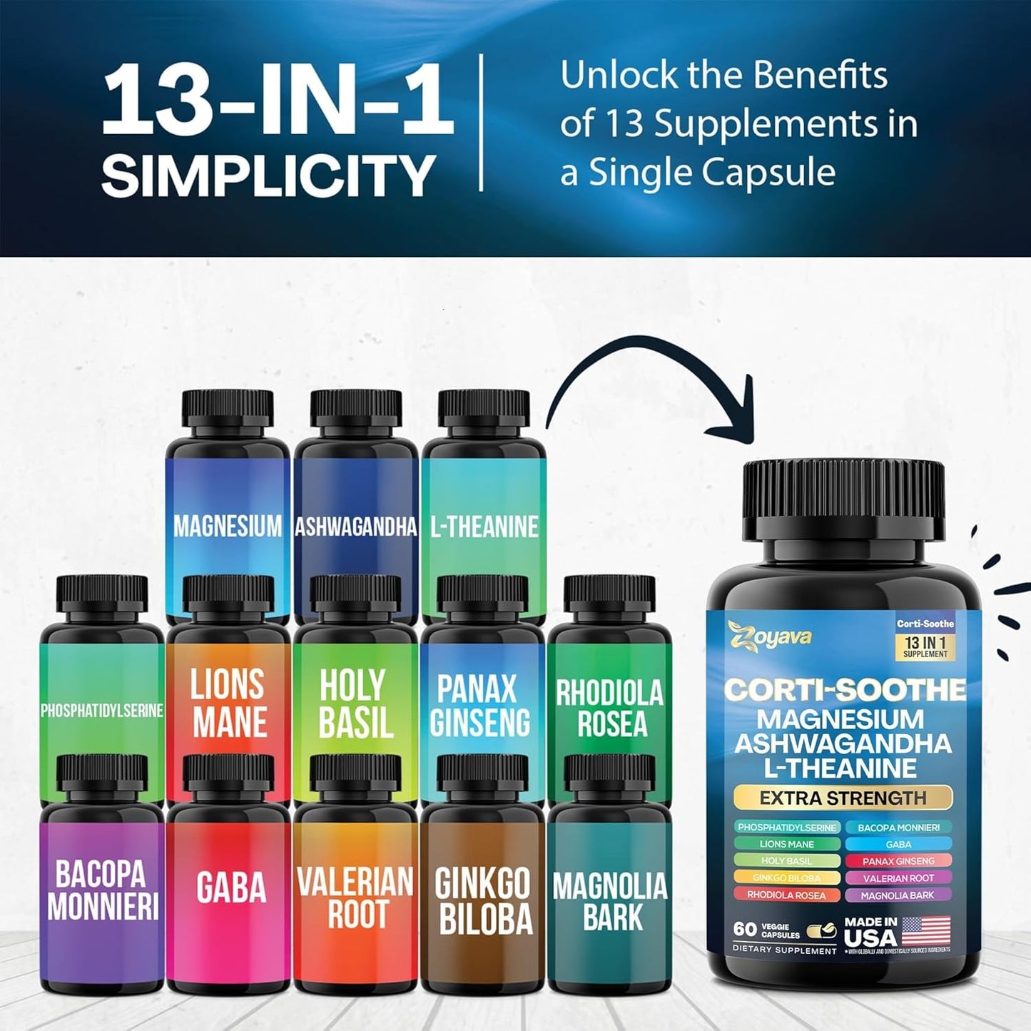 60 Capsules Corti-Soothe Cortisol Support Supplement with Magnesium Glycinate, Ashwagandha, L-Theanine, Lions Mane, Valerian Root for Stress Relief & Relaxation