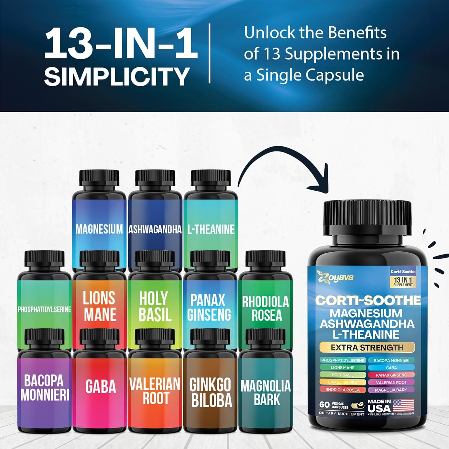 60 Capsules Corti-Soothe Cortisol Support Supplement with Magnesium Glycinate, Ashwagandha, L-Theanine, Lions Mane, Valerian Root for Stress Relief & Relaxation