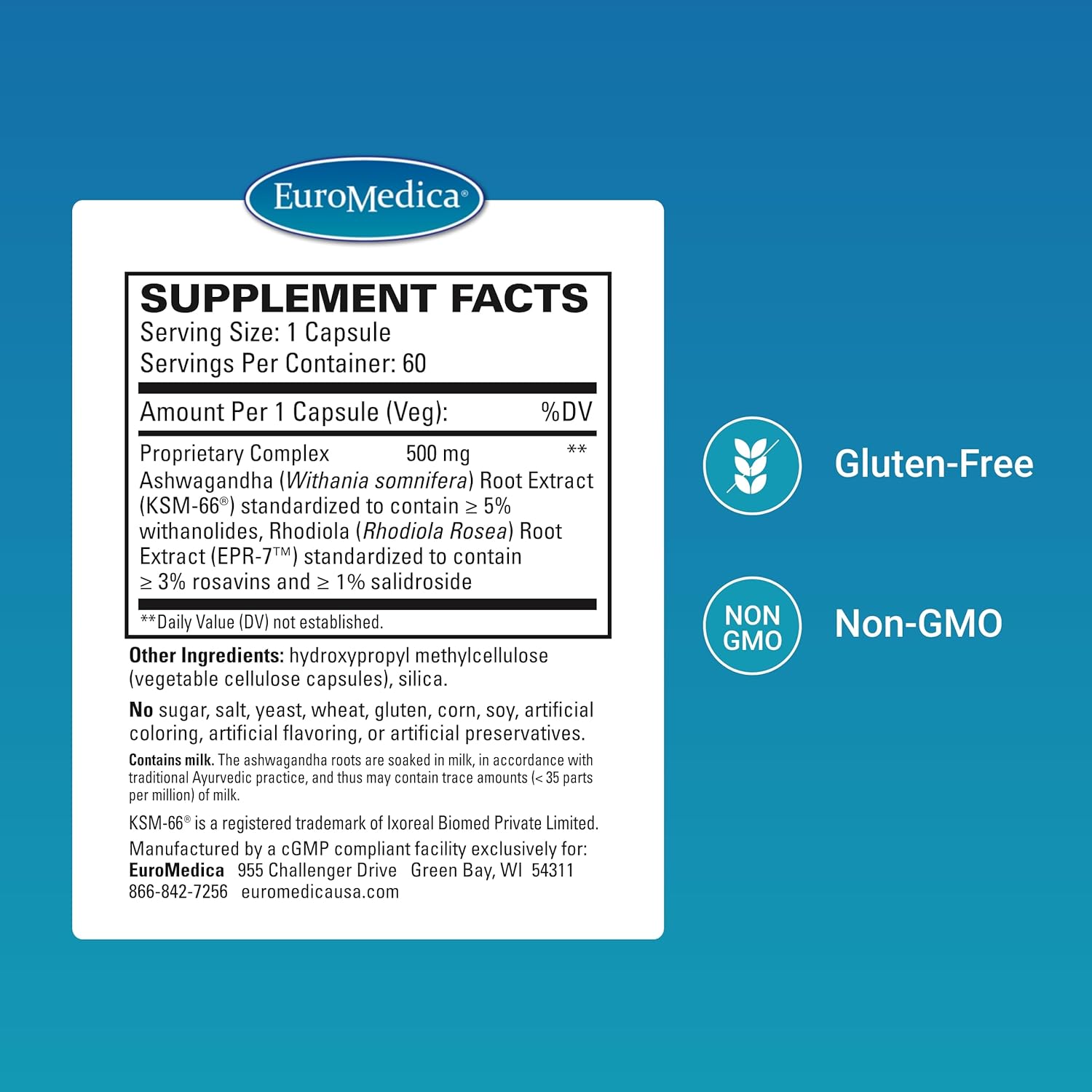 60 Capsules Euromedica Ashwagandha Complex with Rhodiola - Energy, Focus, Concentration - Non-GMO - 60 Servings - Clinically Proven