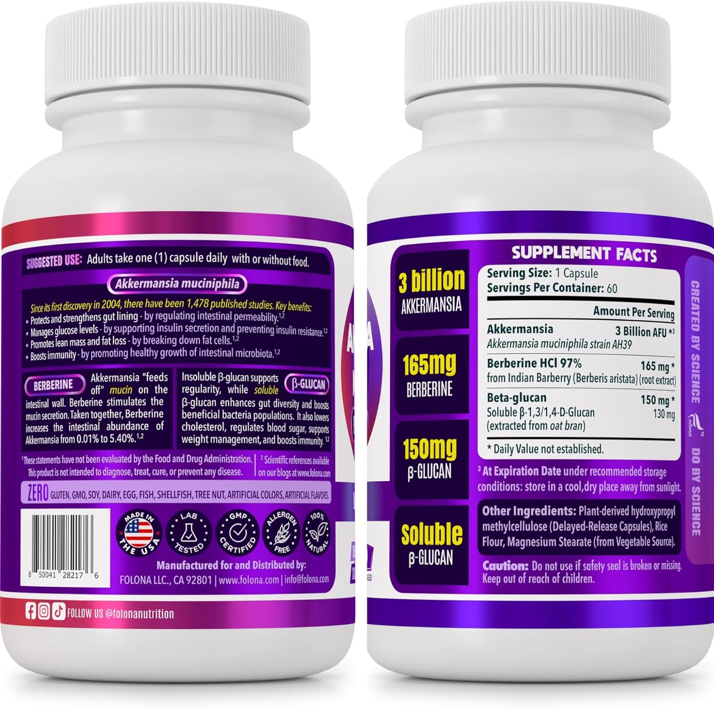 60 Capsules FOLONA Akkermansia GLP-1 Probiotic Delayed Release Supplement with Berberine and Beta-Glucan Fiber for Gut Health - 3 Billion AFU