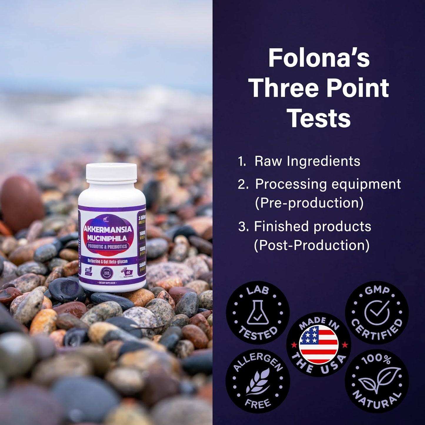 60 Capsules FOLONA Akkermansia GLP-1 Probiotic Delayed Release Supplement with Berberine and Beta-Glucan Fiber for Gut Health - 3 Billion AFU