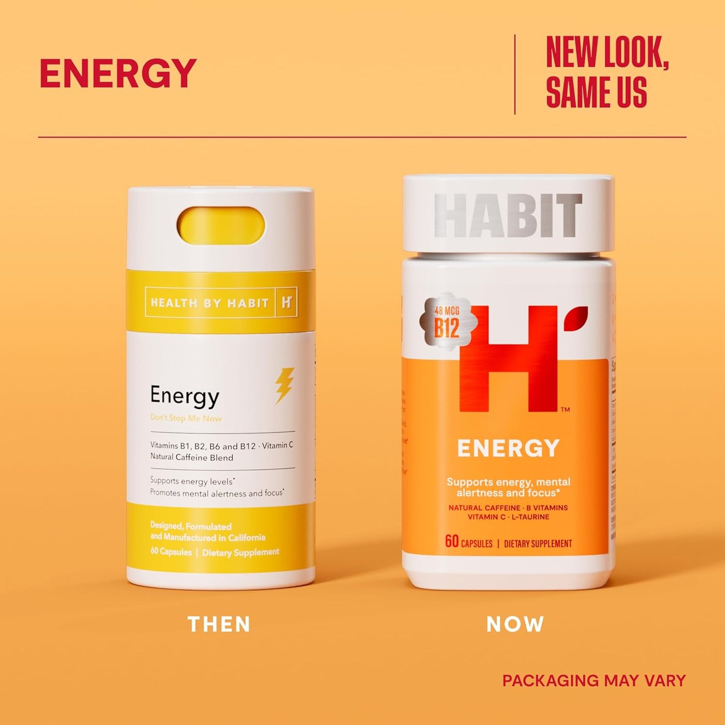 60 Capsules H' Habit Habit Energy Supplement - Supports Energy, Alertness, Focus - Natural Caffeine, Vitamins B & C - Green Tea Extract - Vegan, Non-GMO - New Look