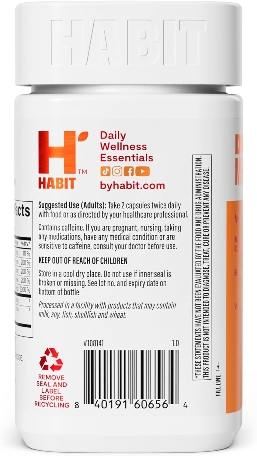 60 Capsules H' Habit Habit Energy Supplement - Supports Energy, Alertness, Focus - Natural Caffeine, Vitamins B & C - Green Tea Extract - Vegan, Non-GMO - New Look
