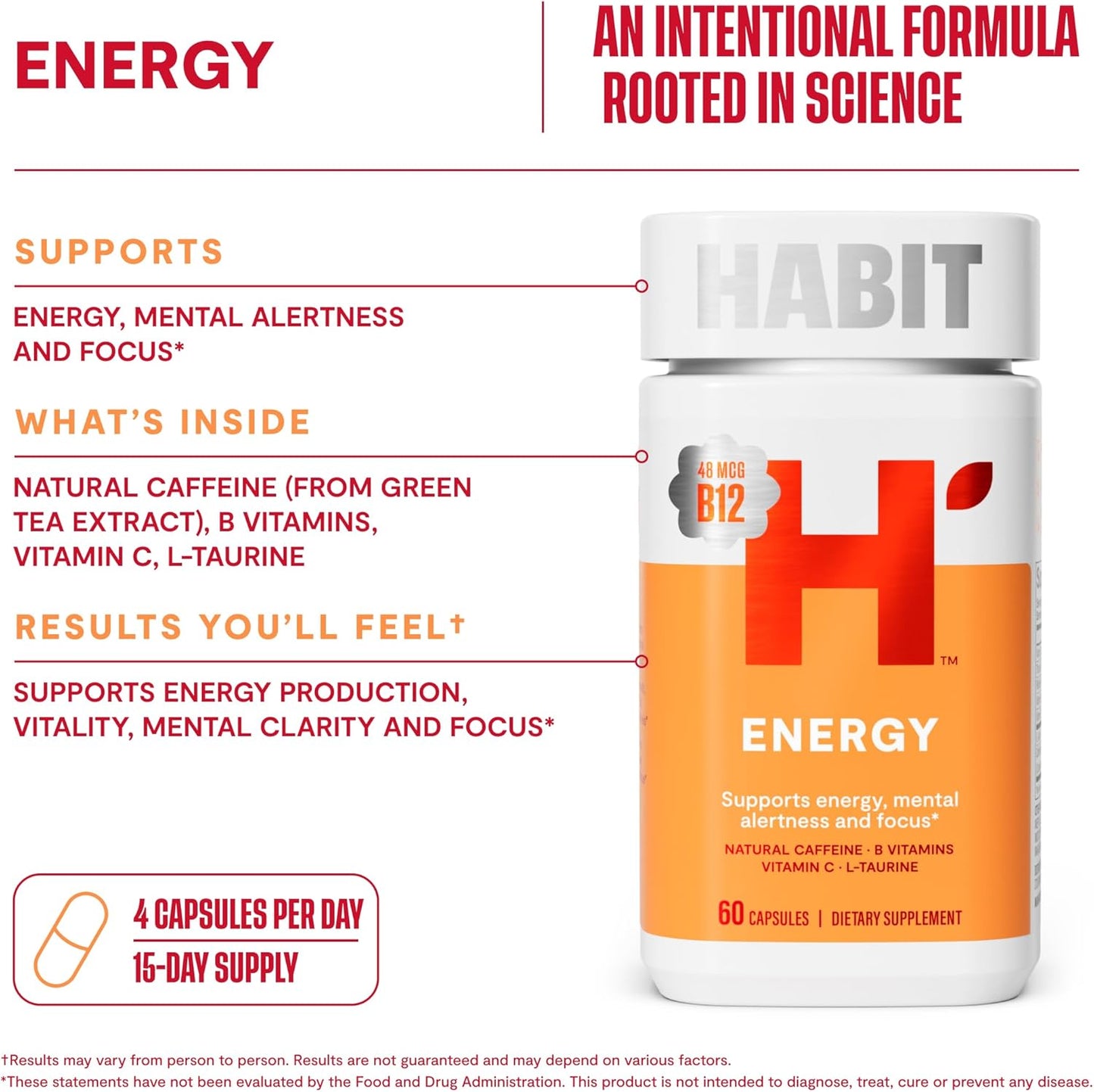 60 Capsules H' Habit Habit Energy Supplement - Supports Energy, Alertness, Focus - Natural Caffeine, Vitamins B & C - Green Tea Extract - Vegan, Non-GMO - New Look