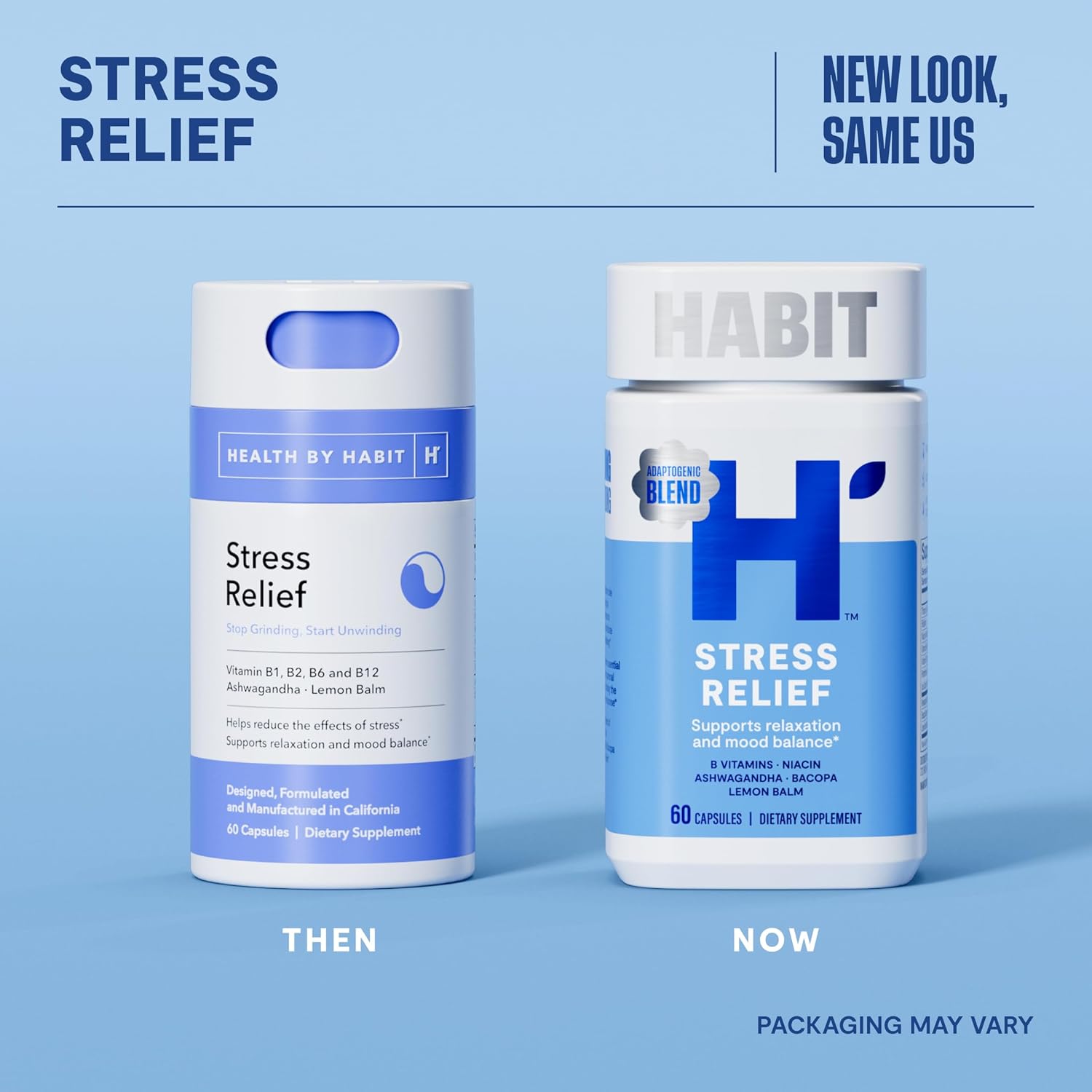 60 Capsules H' Habit Stress Relief Supplement - Supports Relaxation, Mood Balance with Vitamin B, Adaptogens, Lemon Balm - Vegan, Non-GMO - Calming Formula
