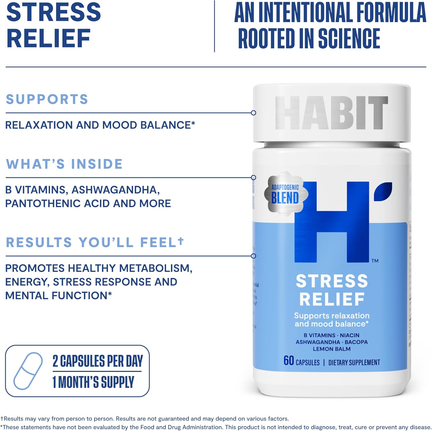 60 Capsules H' Habit Stress Relief Supplement - Supports Relaxation, Mood Balance with Vitamin B, Adaptogens, Lemon Balm - Vegan, Non-GMO - Calming Formula