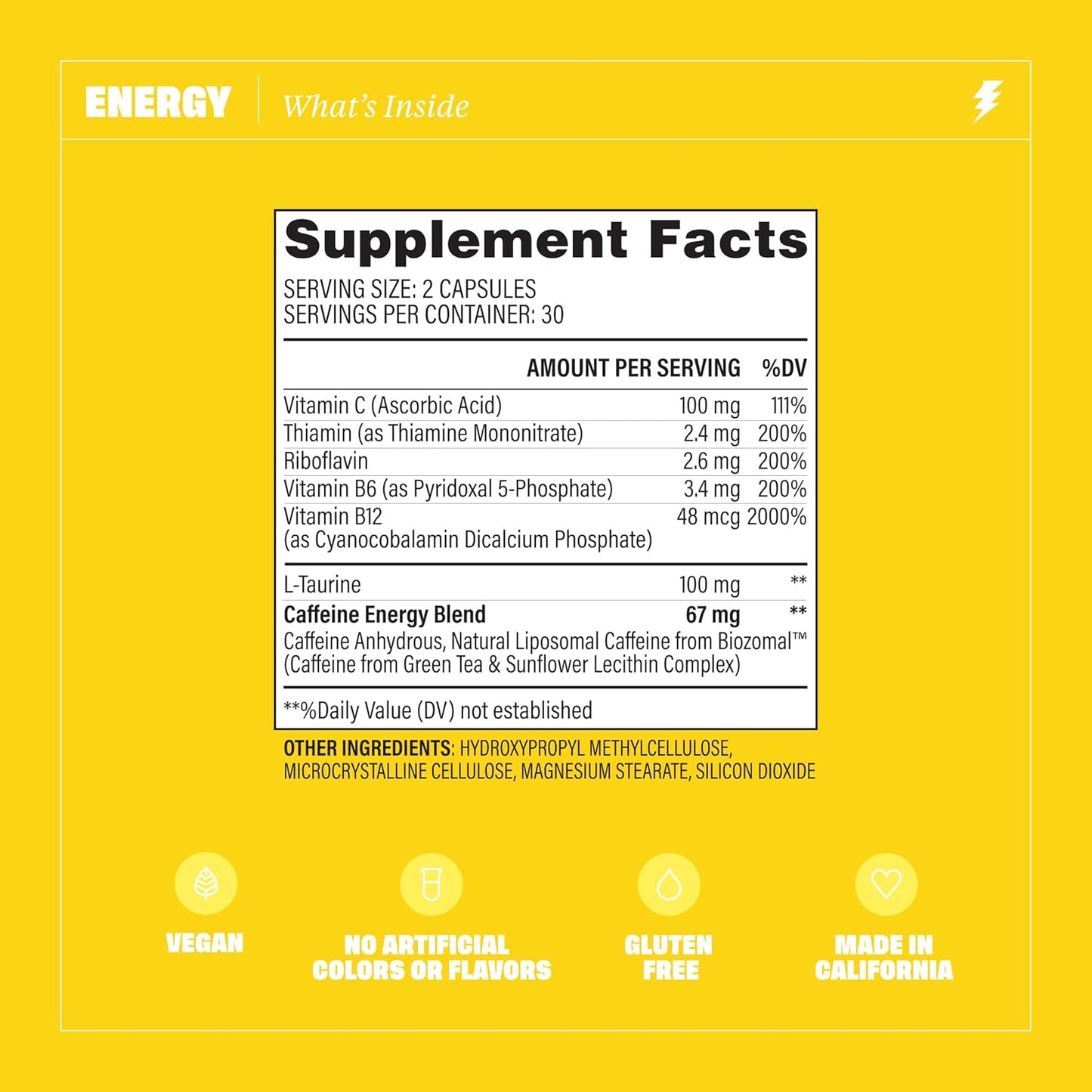 60 Capsules Habit Energy Supplement with Natural Caffeine Blend, Vitamins B & C - Boost Energy, Mental Alertness, Focus - Vegan, Non-GMO, Sugar Free - Supports Healthy Habits