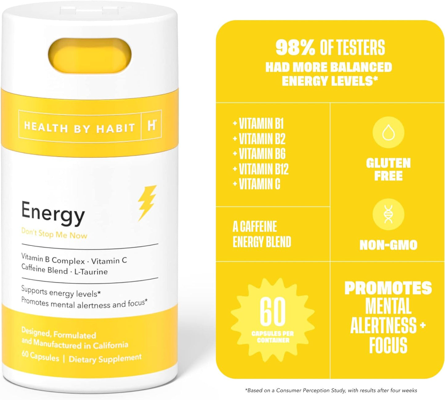 60 Capsules Habit Energy Supplement with Natural Caffeine Blend, Vitamins B & C - Boost Energy, Mental Alertness, Focus - Vegan, Non-GMO, Sugar Free - Supports Healthy Habits