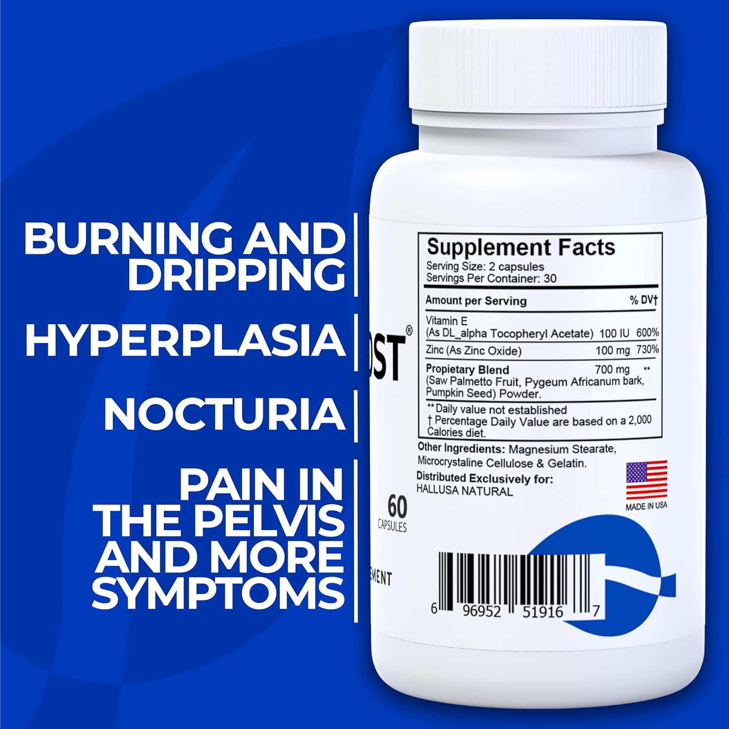 60 Capsules Hallprost Prostate Supplement with Saw Palmetto for Prostate Infections - Men's Health Support by Hallusa Natural