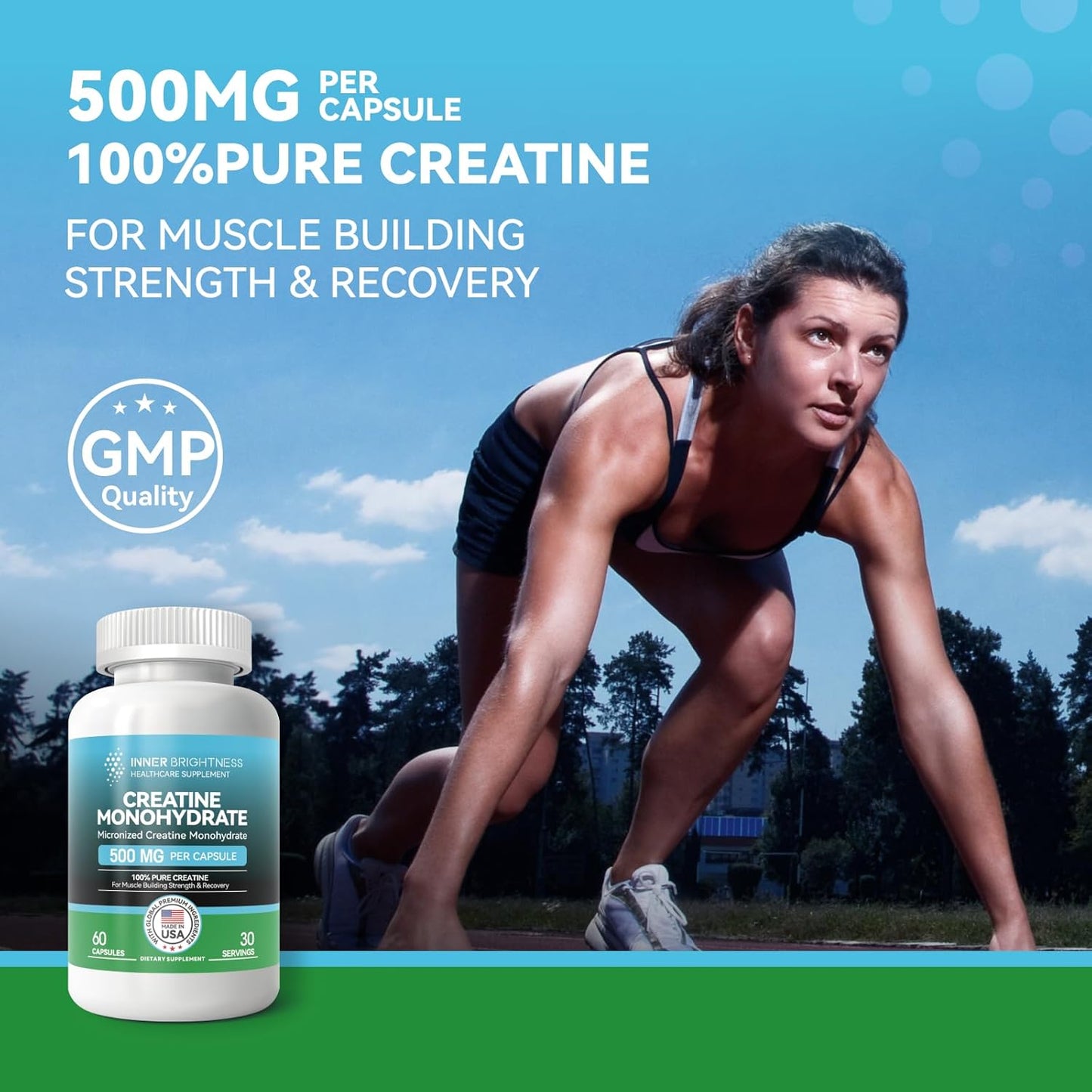 60 Capsules Inner Brightness Creatine Monohydrate: Muscle Builder, Endurance & Strength Workout Supplement - Non-GMO, Gluten Free