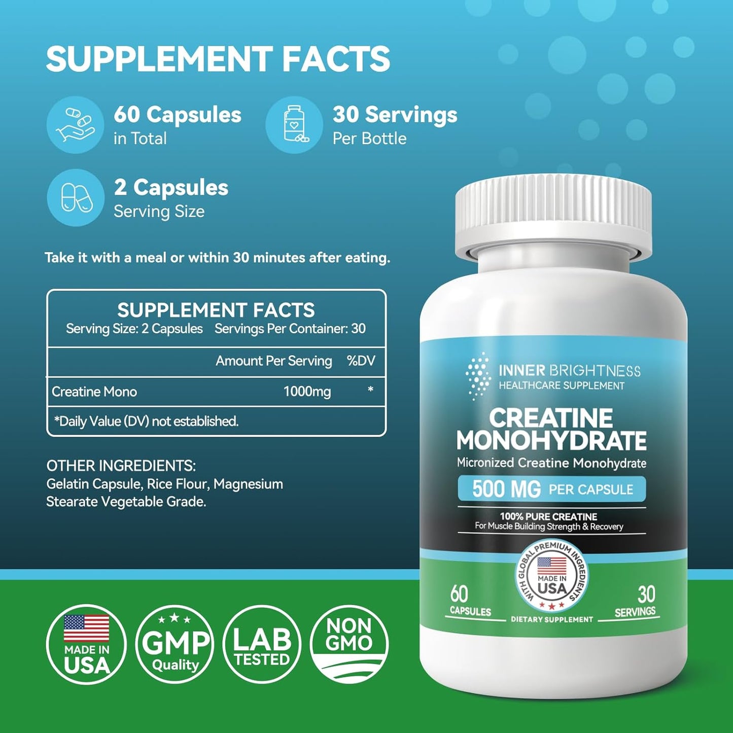60 Capsules Inner Brightness Creatine Monohydrate: Muscle Builder, Endurance & Strength Workout Supplement - Non-GMO, Gluten Free