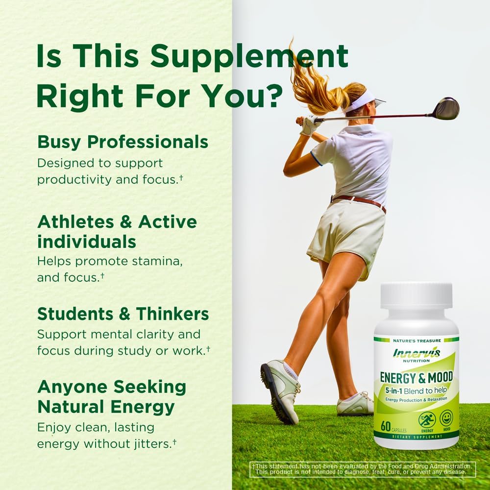 60 Capsules INNERVISNUTRITION Energy & Mood Supplement - 5-in-1 Formula for Energy, Relaxation, and Stress Relief - Non-GMO & Lab Tested