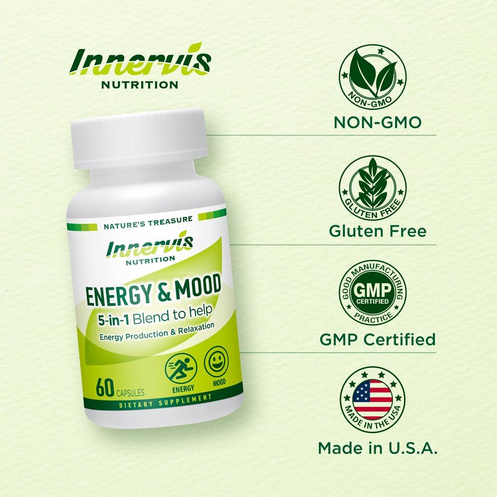 60 Capsules INNERVISNUTRITION Energy & Mood Supplement - 5-in-1 Formula for Energy, Relaxation, and Stress Relief - Non-GMO & Lab Tested